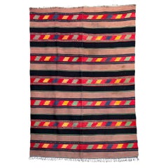 Handmade 1960s Black Red Brown Striped Wool Rug Throw Geometric Designs Retro 