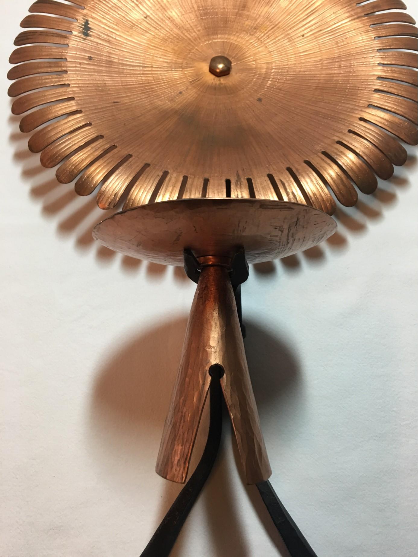 German Handmade 1960s Copper and Iron Flower Wall Candleholder For Sale