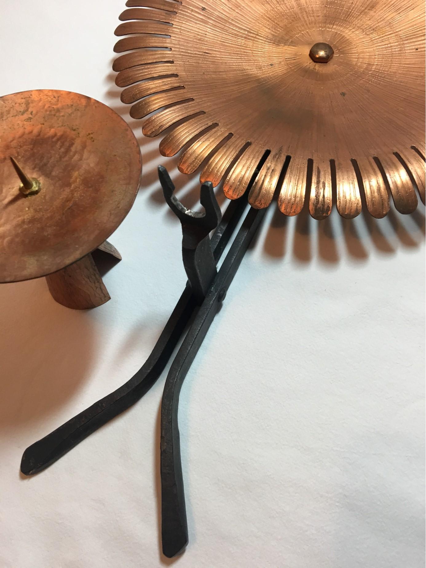 Handmade 1960s Copper and Iron Flower Wall Candleholder In Fair Condition For Sale In Frisco, TX