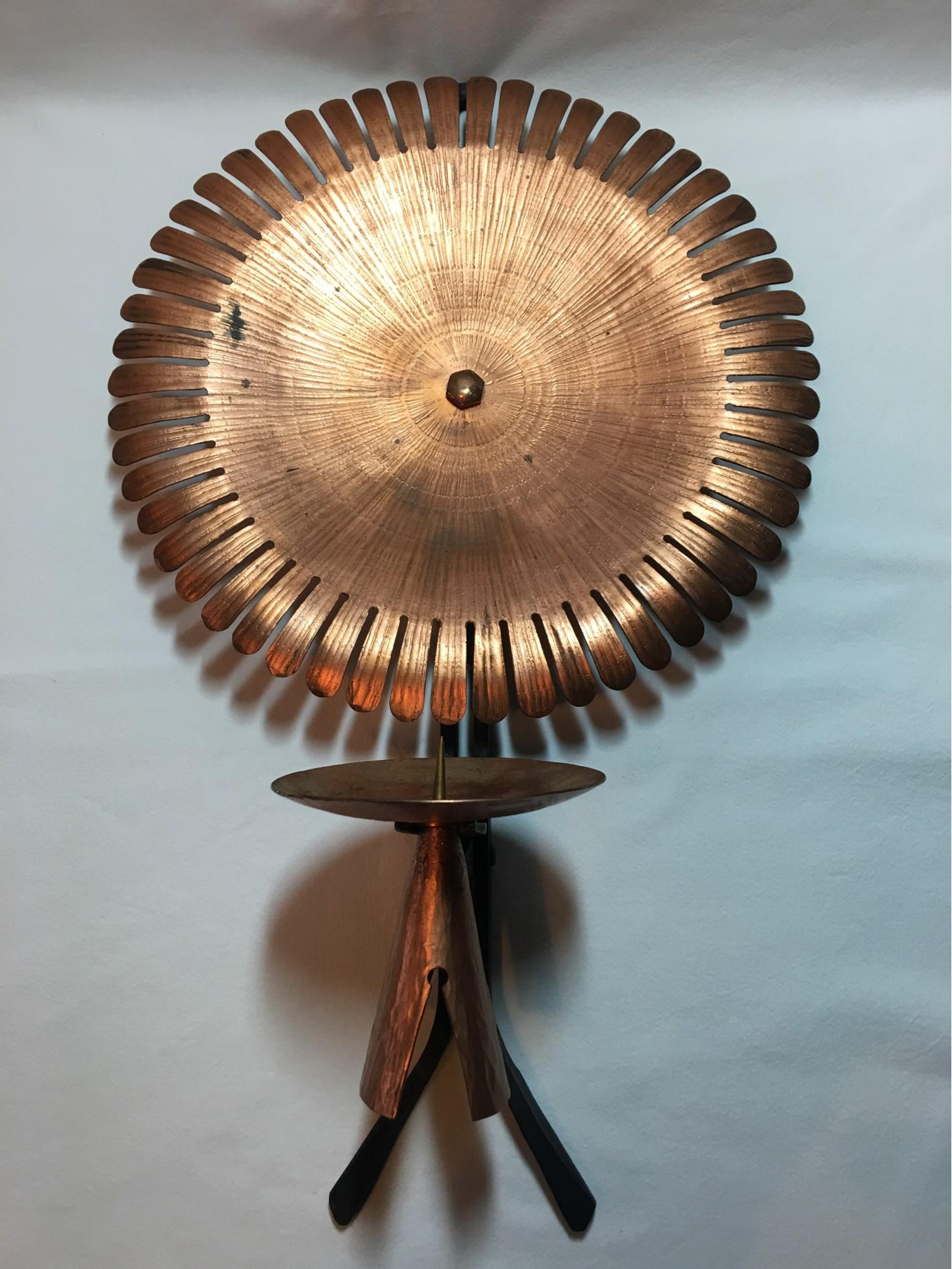 Handmade 1960s Copper and Iron Flower Wall Candleholder For Sale 3