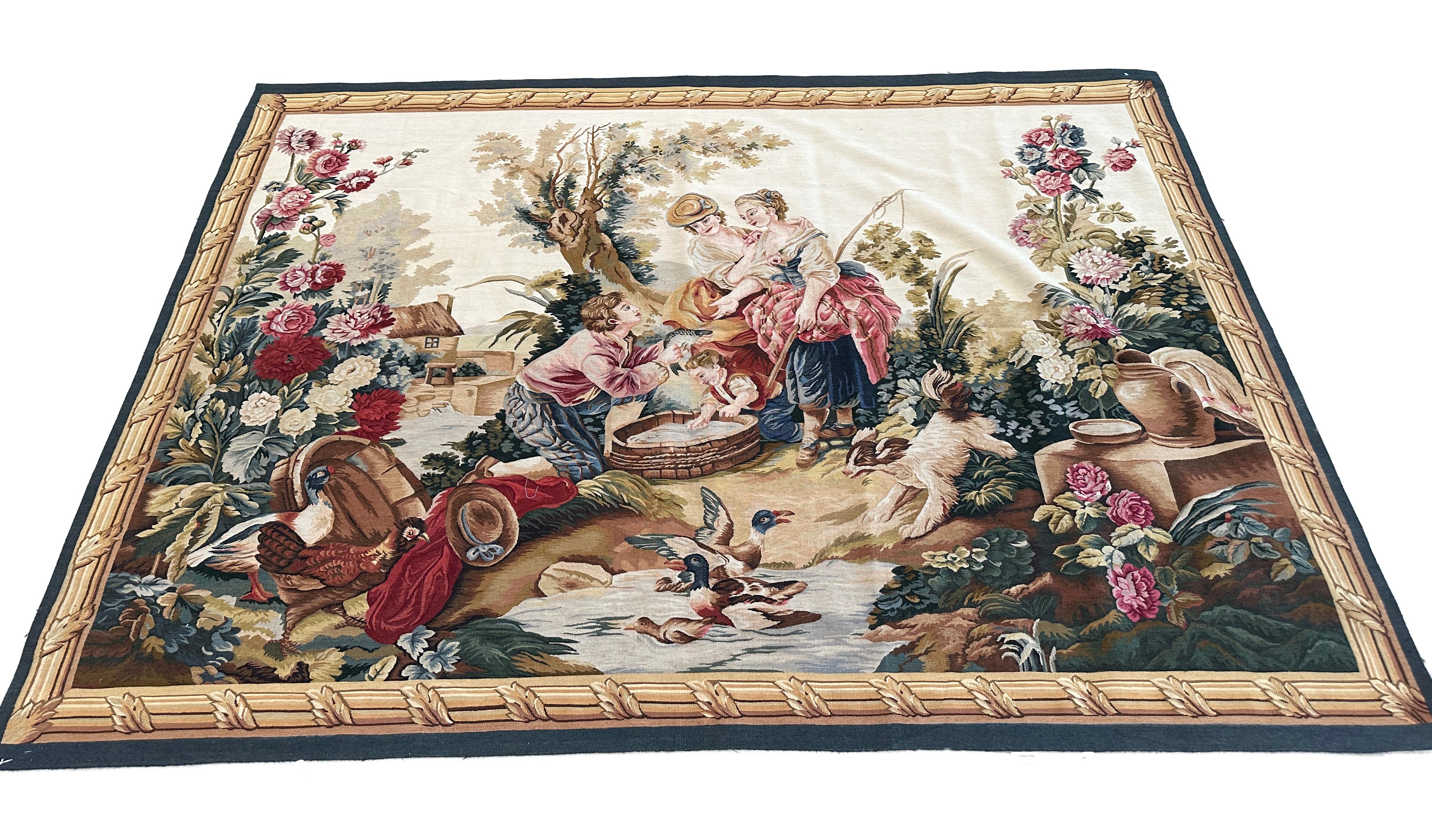 Step into a world of artistry with this handmade 1990s Chinese wool tapestry. Measuring 5'1
