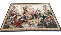 Handmade 1990s Chinese Wool Tapestry – 5'x7', Figures, Fish, Birds, and Florals