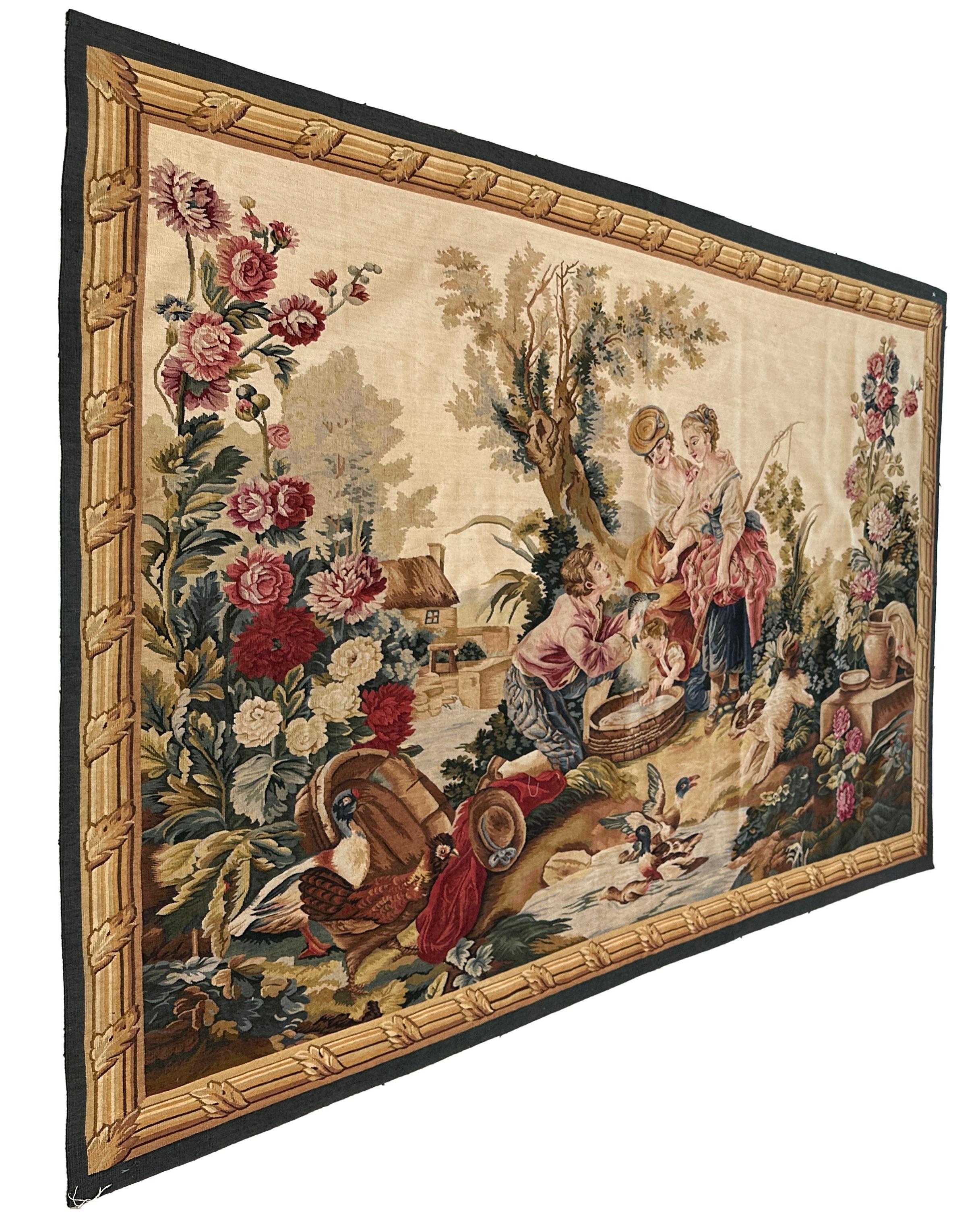 Hand-Crafted Handmade 1990s Chinese Wool Tapestry – 5'x7', Figures, Fish, Birds, and Florals For Sale