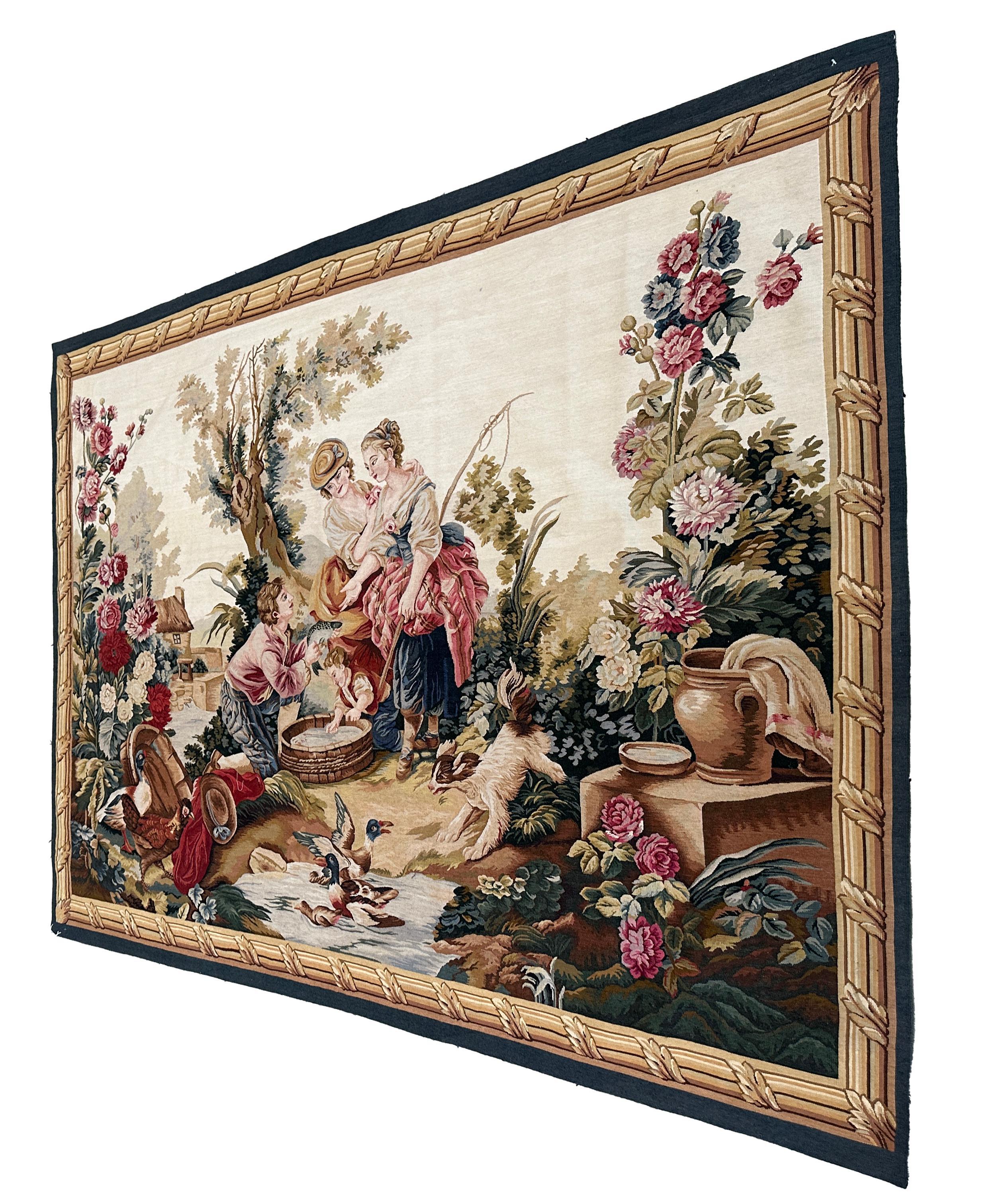 Handmade 1990s Chinese Wool Tapestry – 5'x7', Figures, Fish, Birds, and Florals In Excellent Condition For Sale In West Hollywood, CA