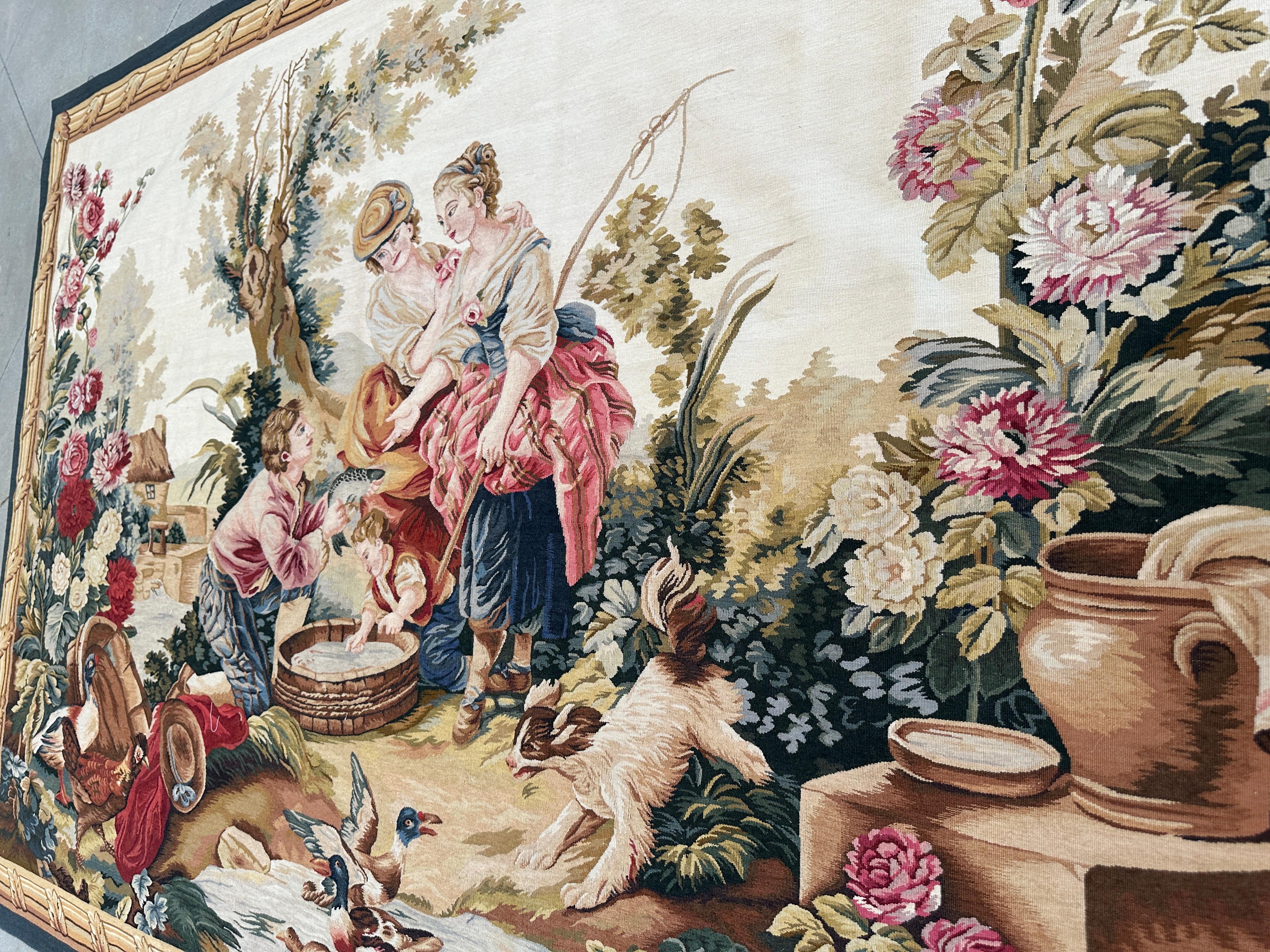 Late 20th Century Handmade 1990s Chinese Wool Tapestry – 5'x7', Figures, Fish, Birds, and Florals For Sale