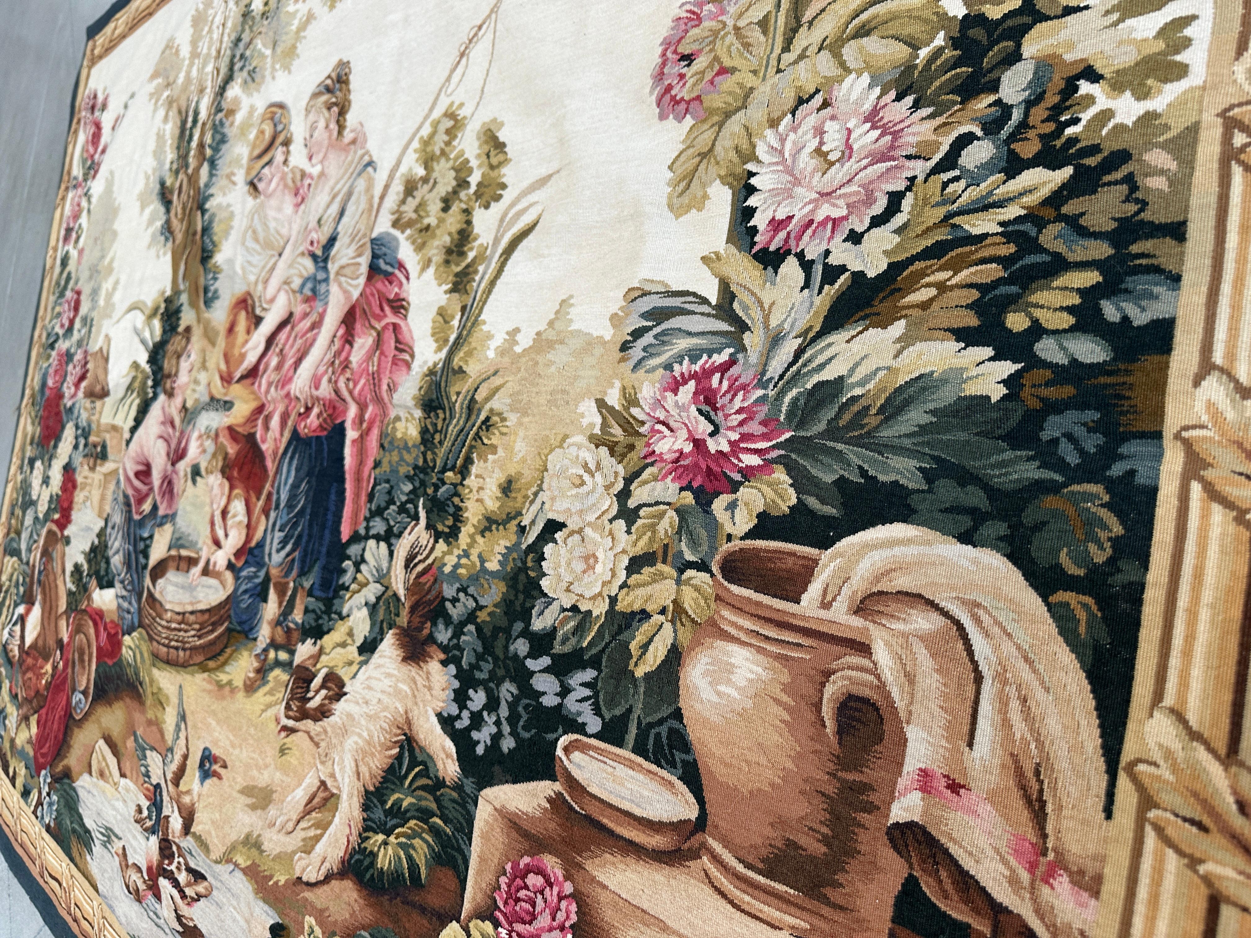Handmade 1990s Chinese Wool Tapestry – 5'x7', Figures, Fish, Birds, and Florals For Sale 1
