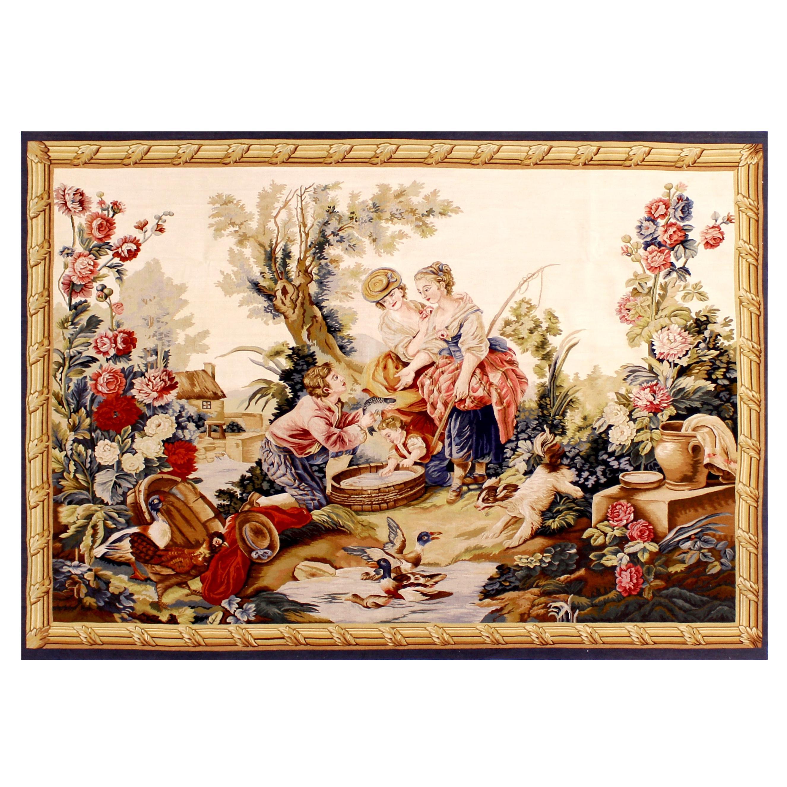 Handmade 1990s Chinese Wool Tapestry – 5'x7', Figures, Fish, Birds, and Florals