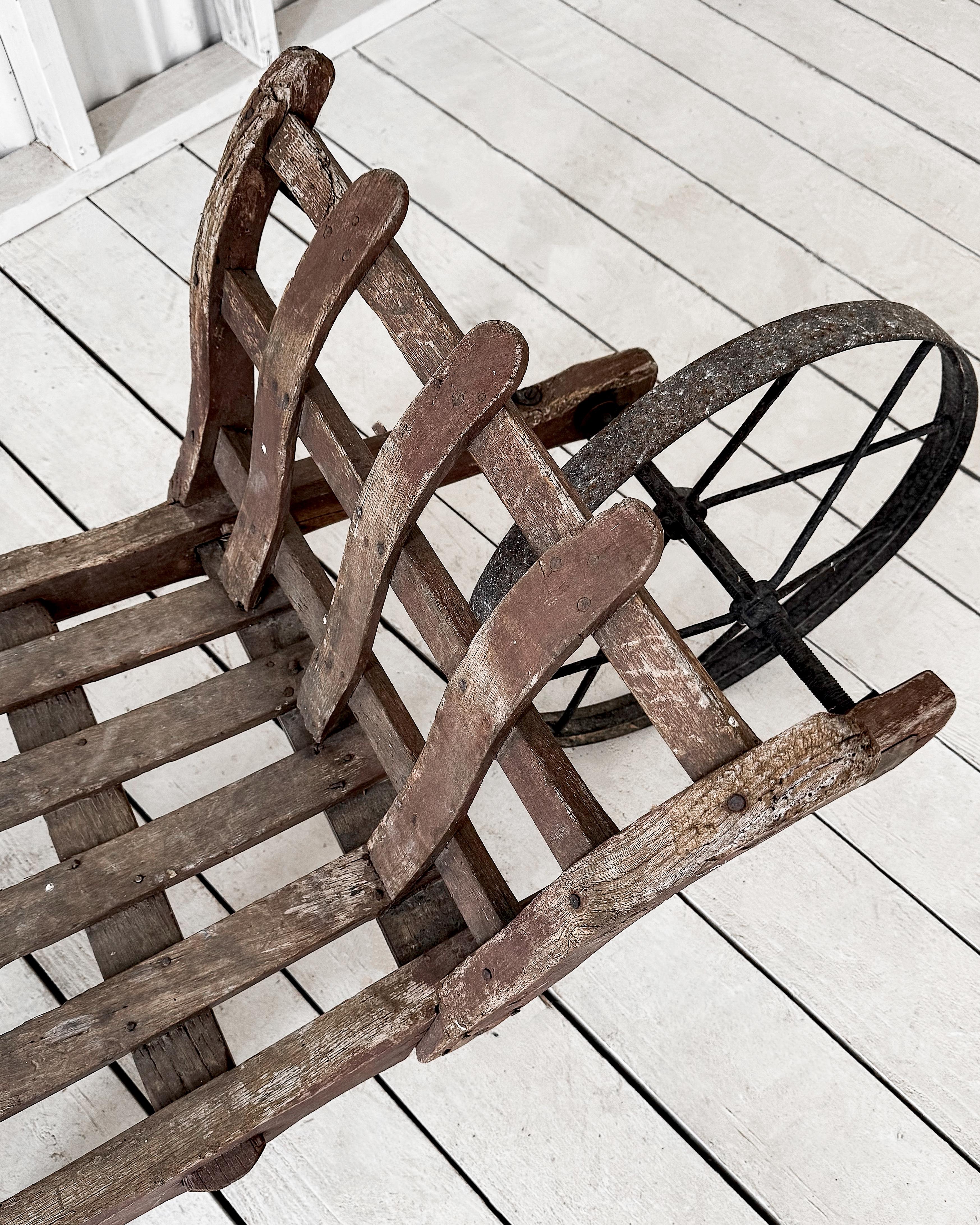 Handmade 19th Century French Rustic Wooden Slat Wheelbarrow For Sale 6