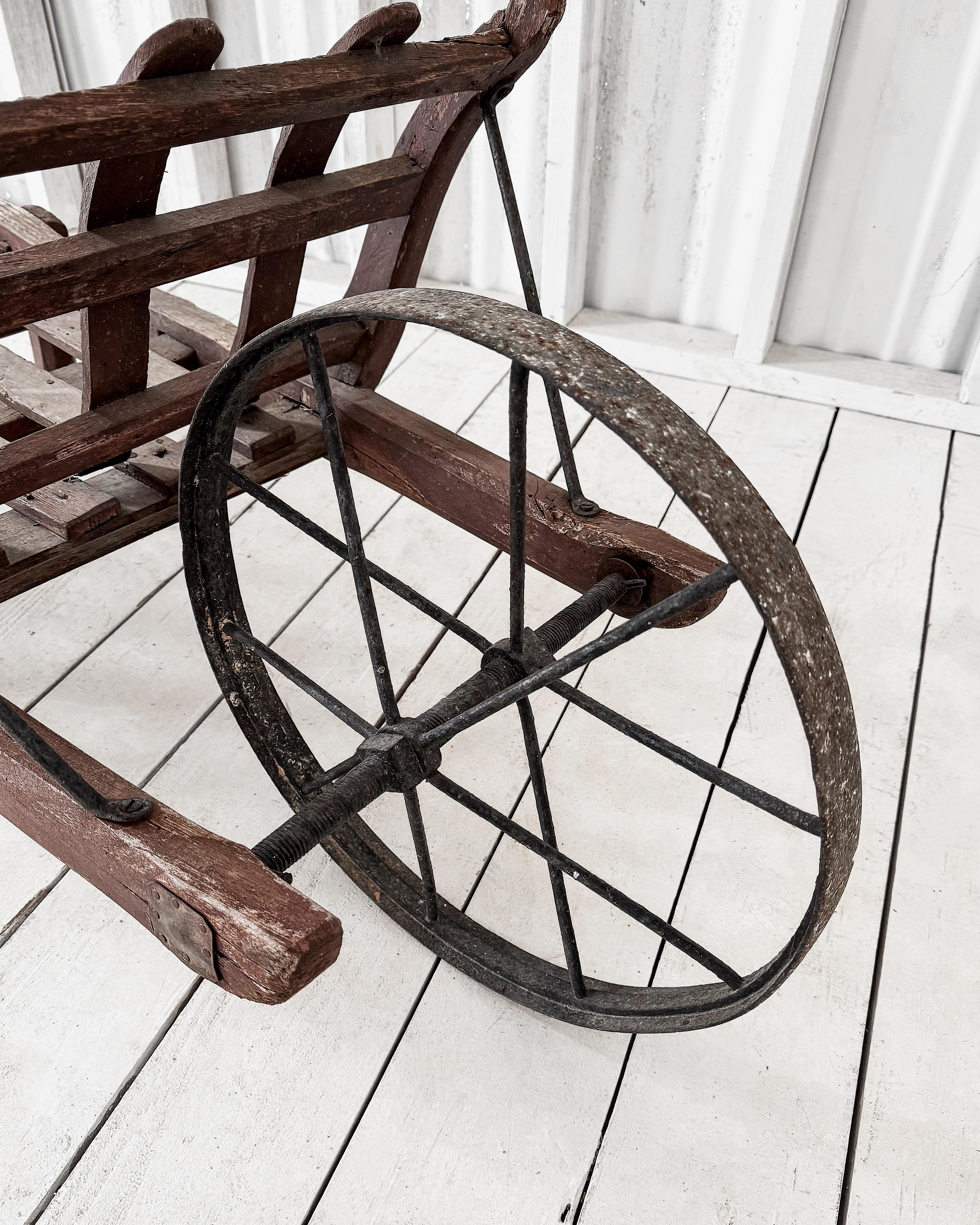 Handmade 19th Century French Rustic Wooden Slat Wheelbarrow For Sale 7