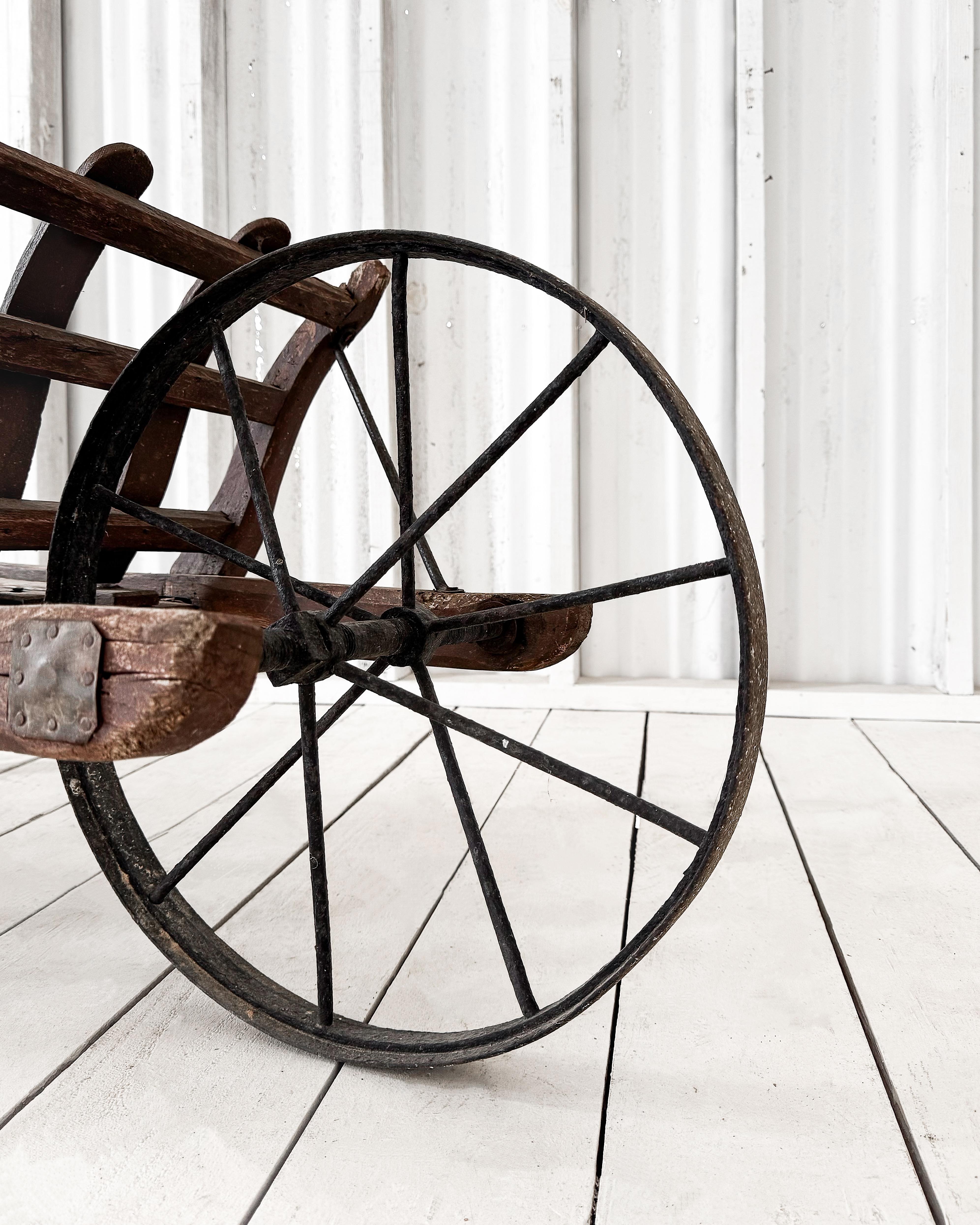 Handmade 19th Century French Rustic Wooden Slat Wheelbarrow For Sale 8
