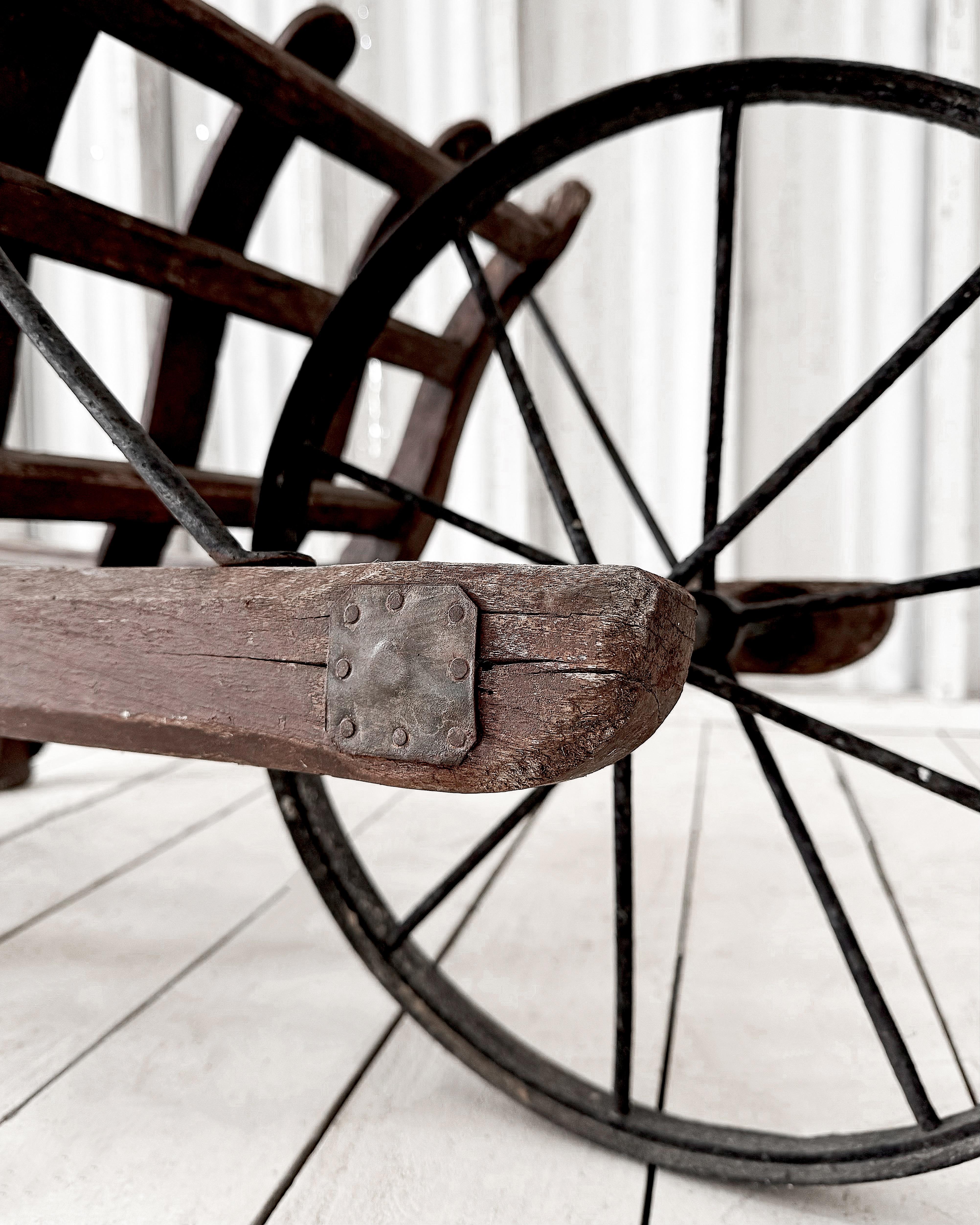 Handmade 19th Century French Rustic Wooden Slat Wheelbarrow For Sale 9