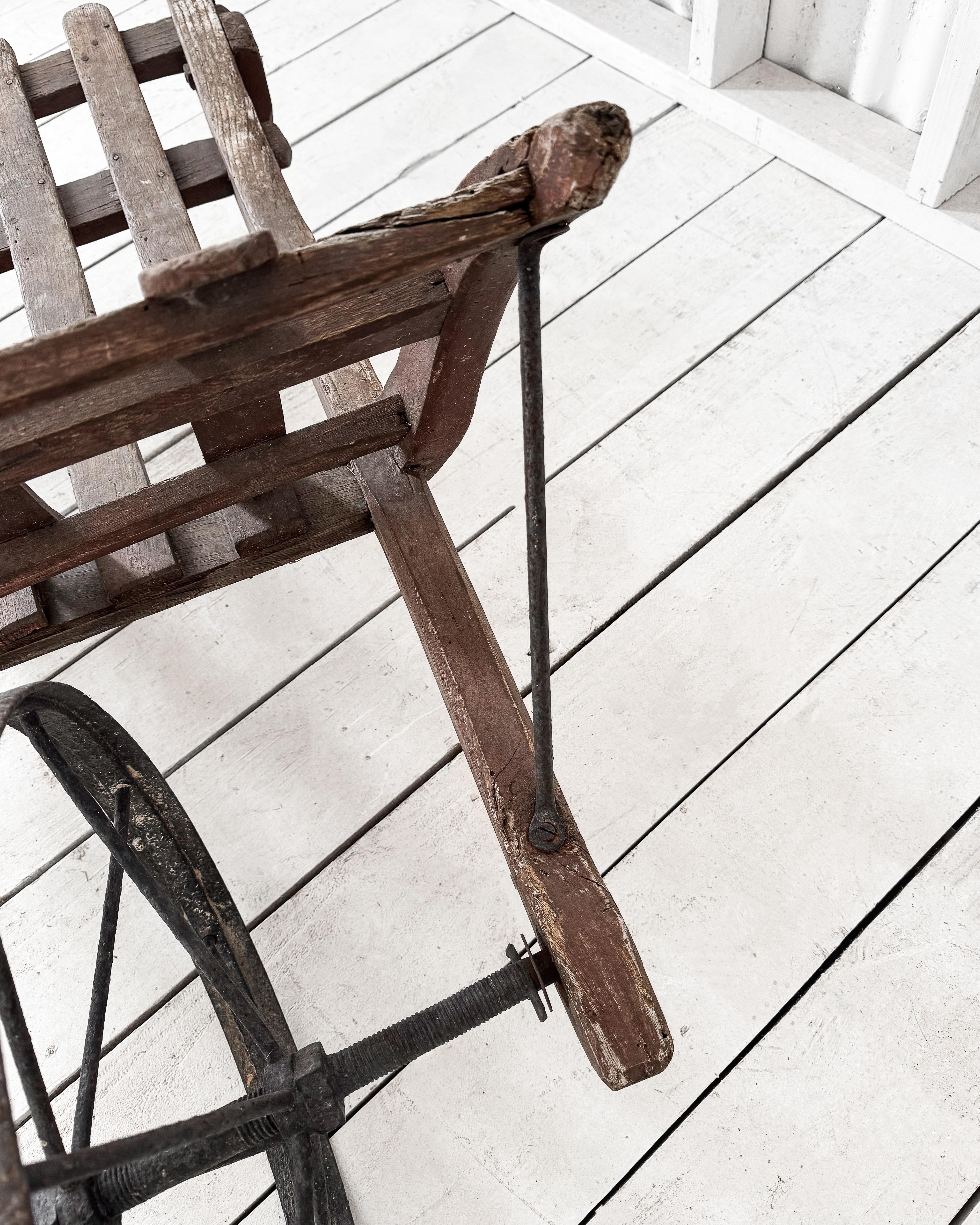 Handmade 19th Century French Rustic Wooden Slat Wheelbarrow For Sale 10