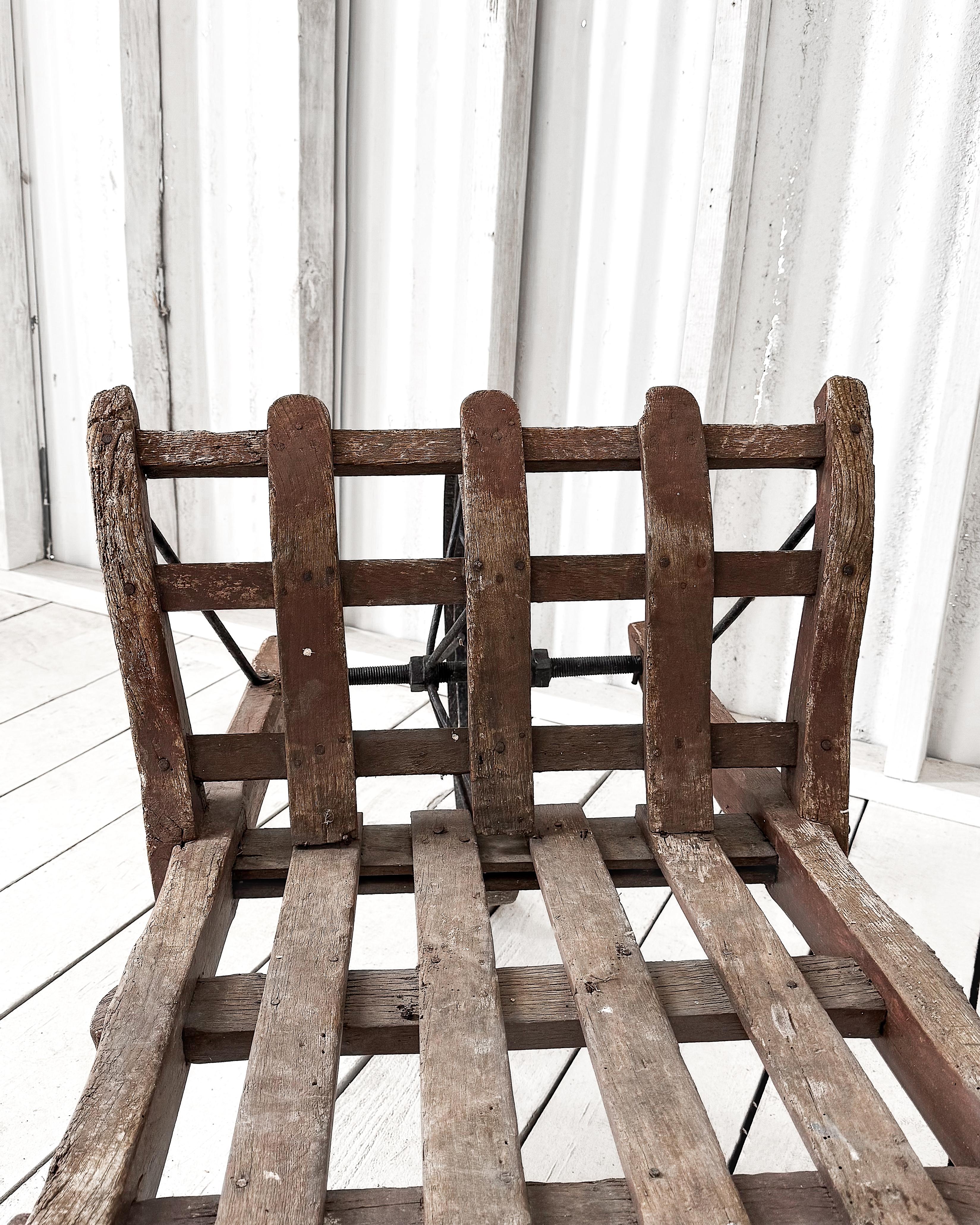 Handmade 19th Century French Rustic Wooden Slat Wheelbarrow For Sale 13