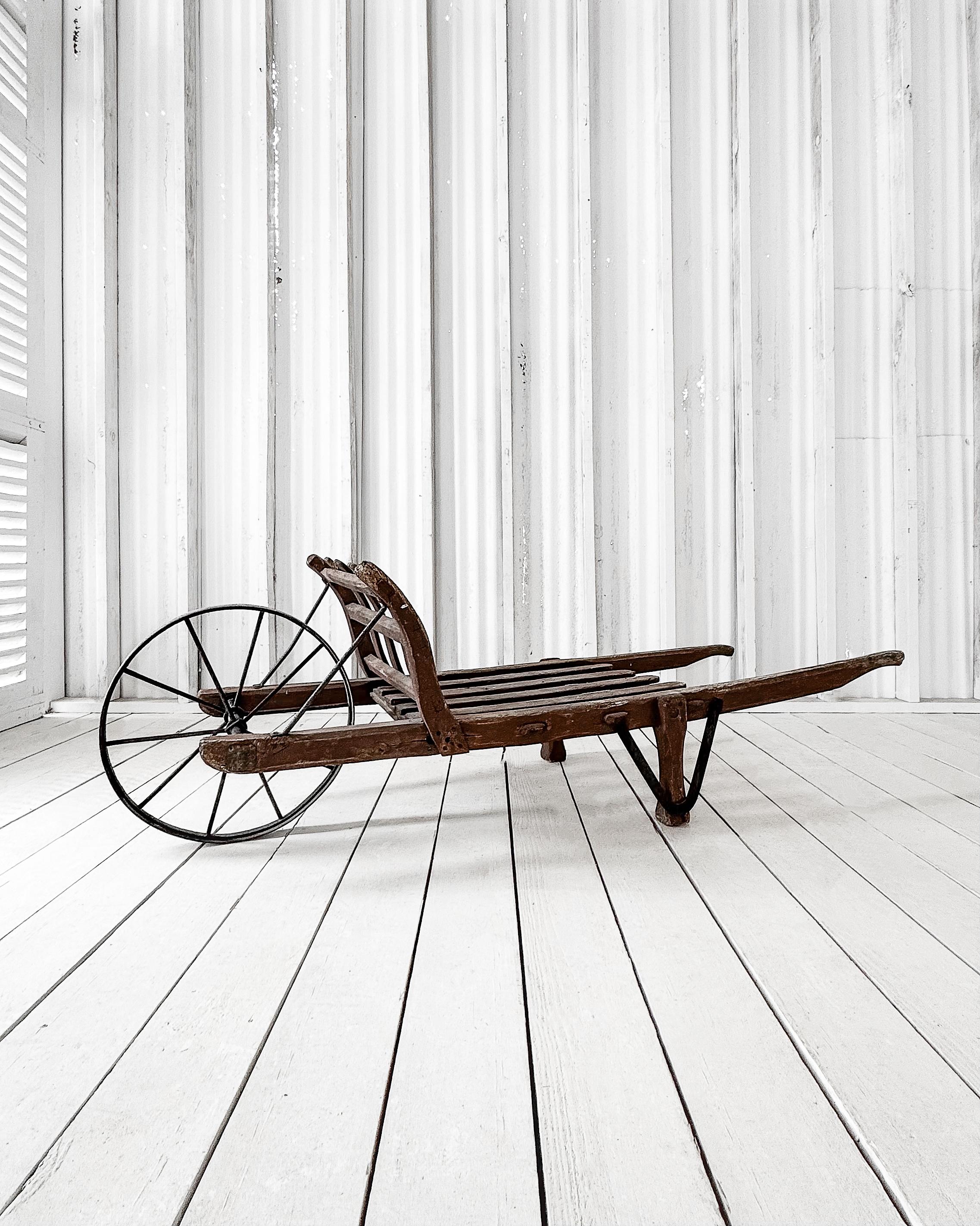 Handmade 19th Century French Rustic Wooden Slat Wheelbarrow For Sale 14