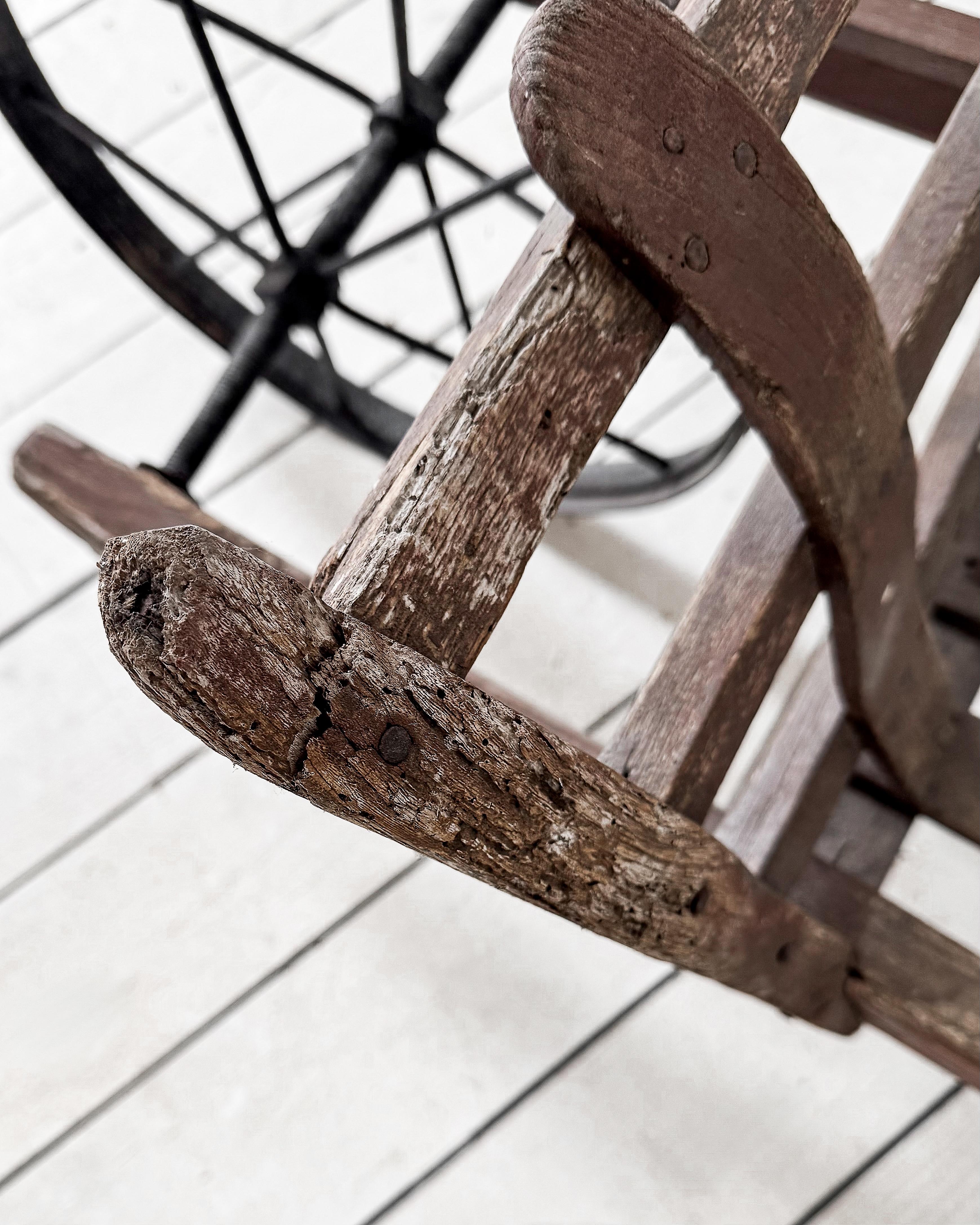 Handmade 19th Century French Rustic Wooden Slat Wheelbarrow For Sale 15