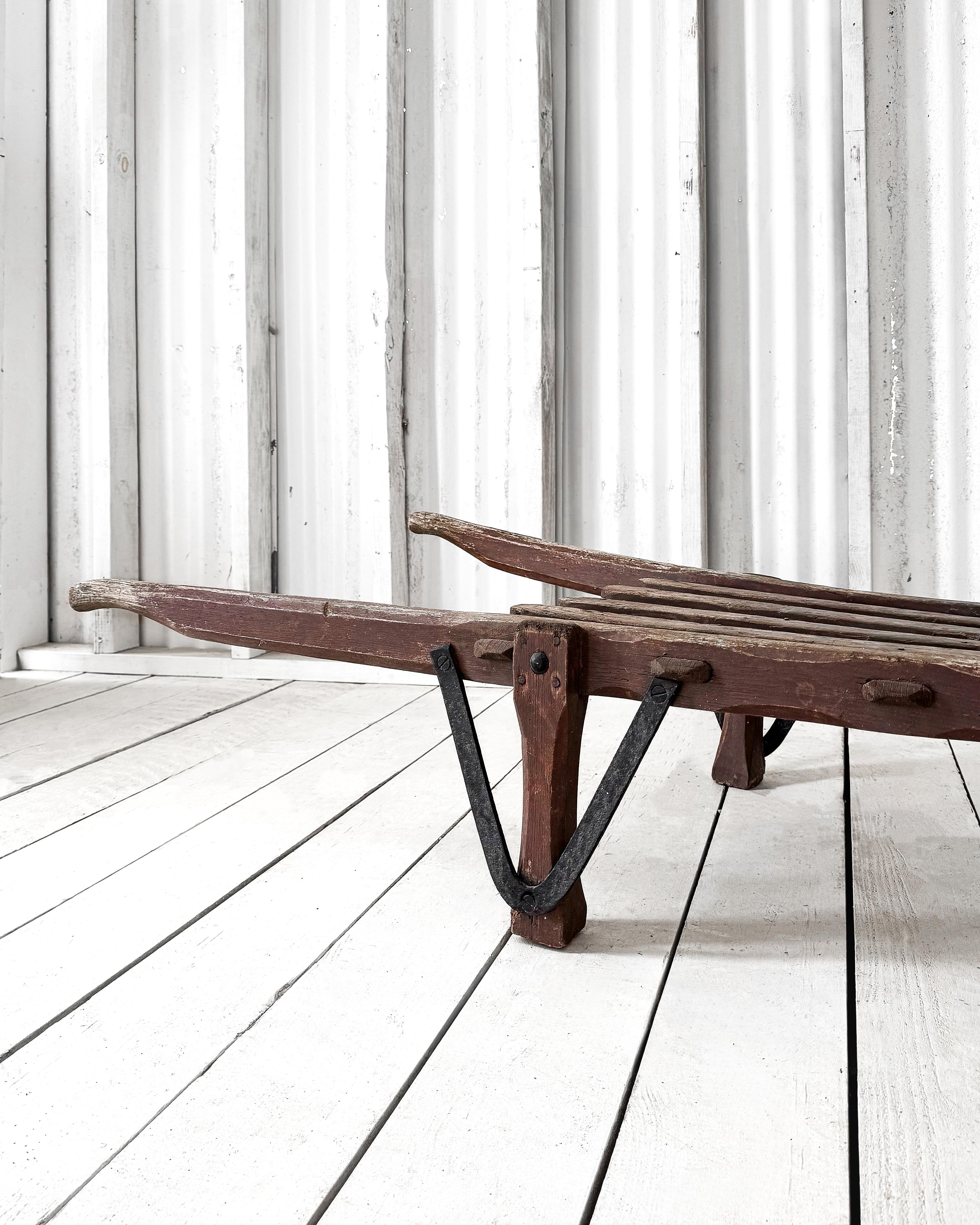 Iron Handmade 19th Century French Rustic Wooden Slat Wheelbarrow For Sale