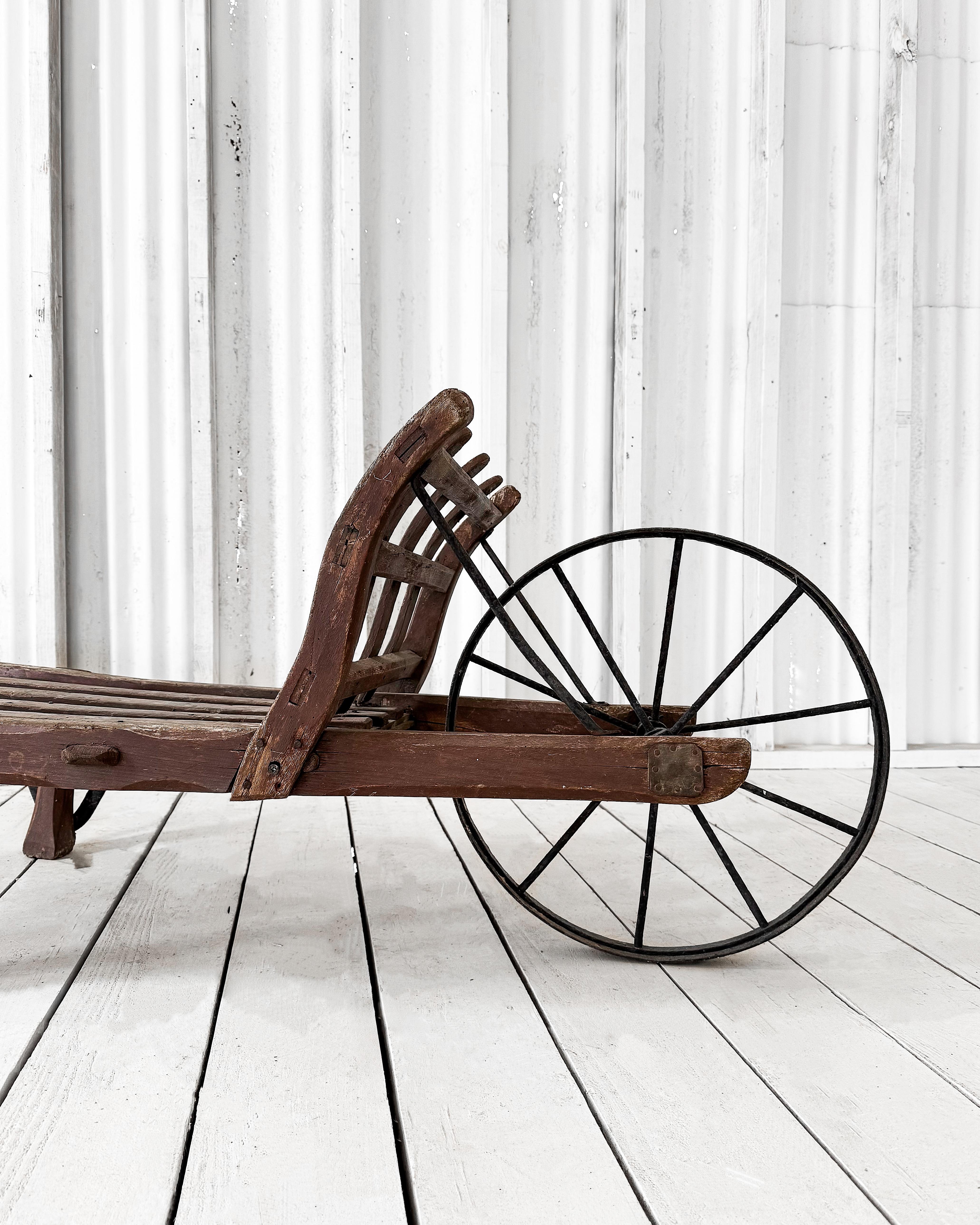 Handmade 19th Century French Rustic Wooden Slat Wheelbarrow For Sale 1
