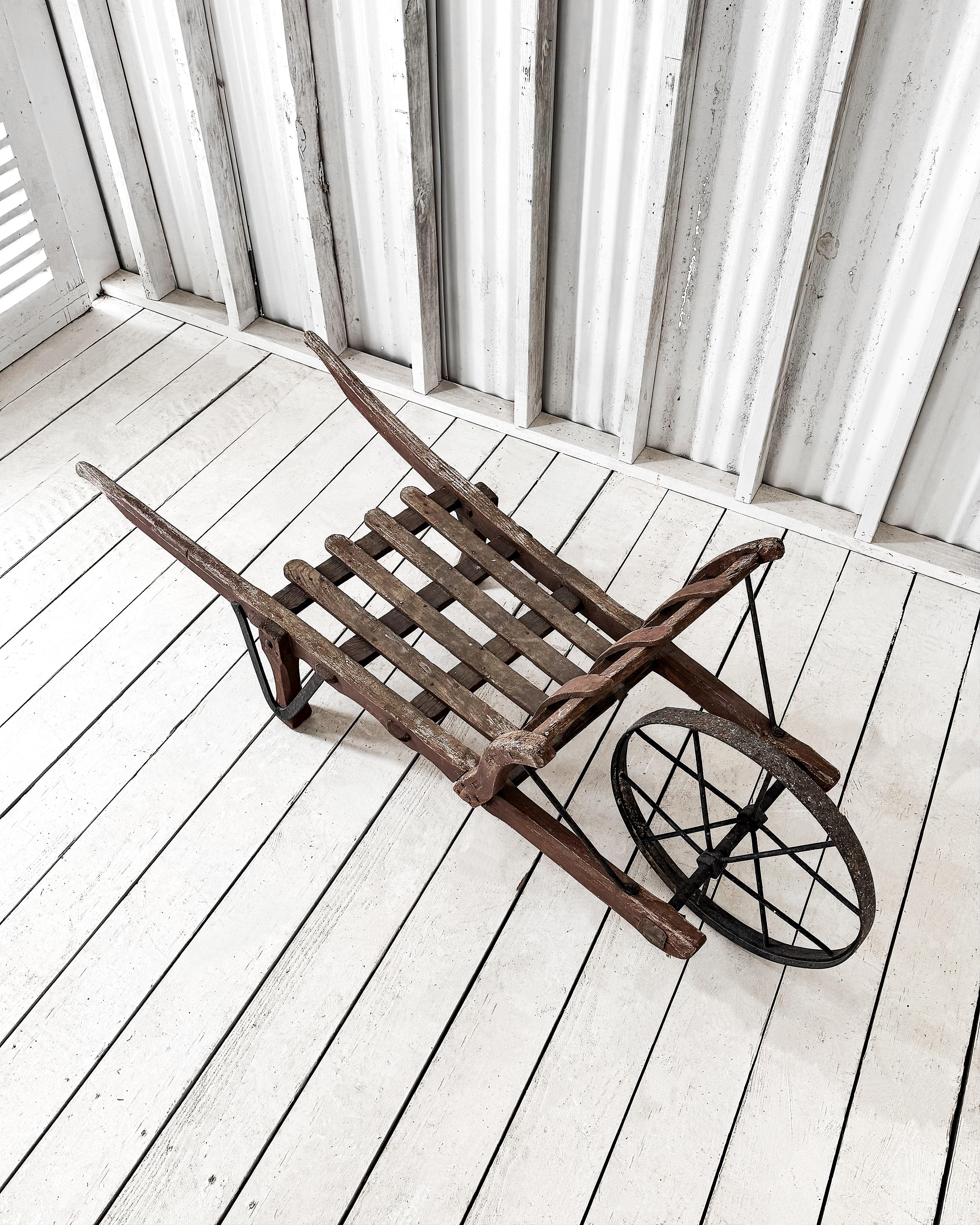 Handmade 19th Century French Rustic Wooden Slat Wheelbarrow For Sale 2
