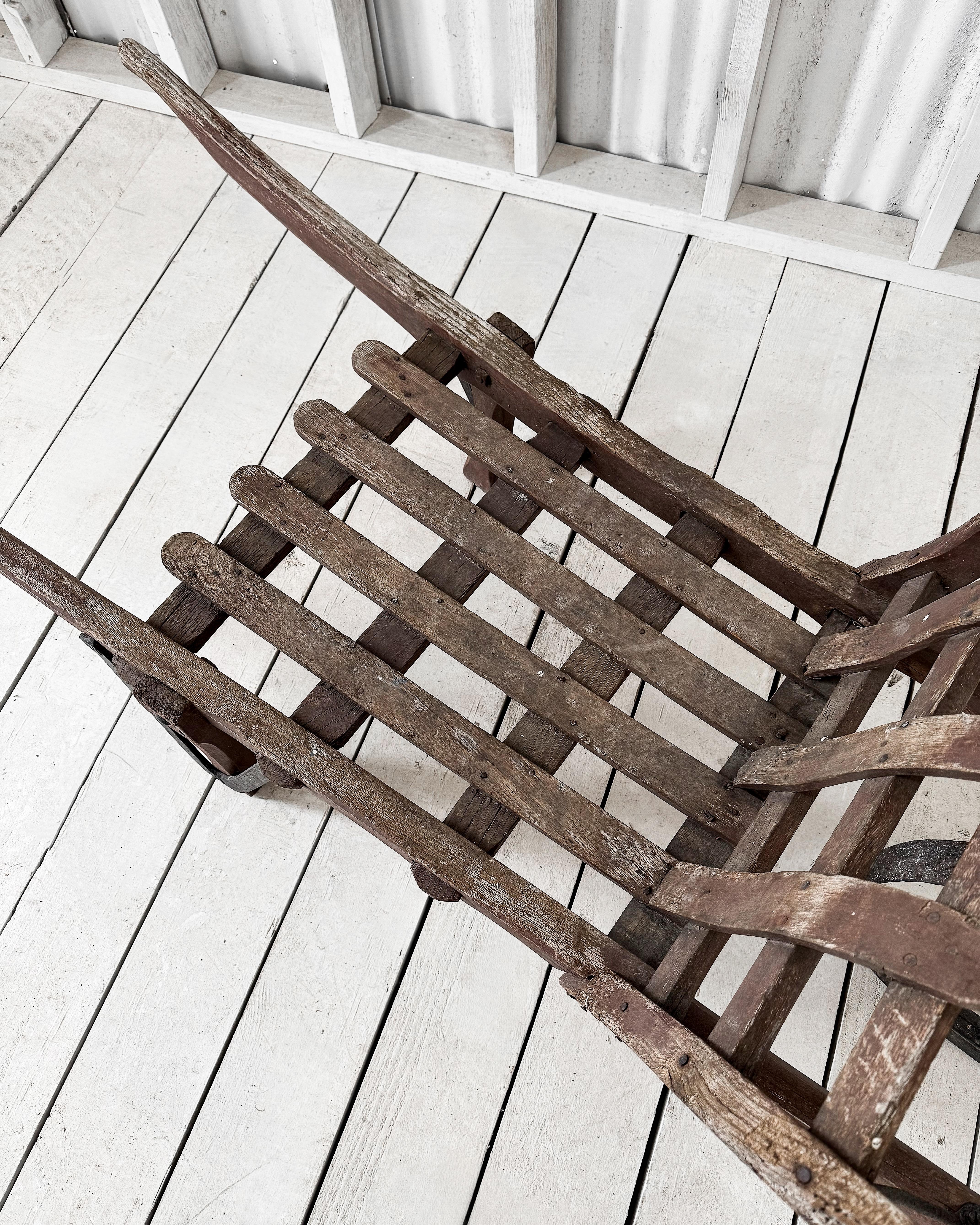 Handmade 19th Century French Rustic Wooden Slat Wheelbarrow For Sale 3