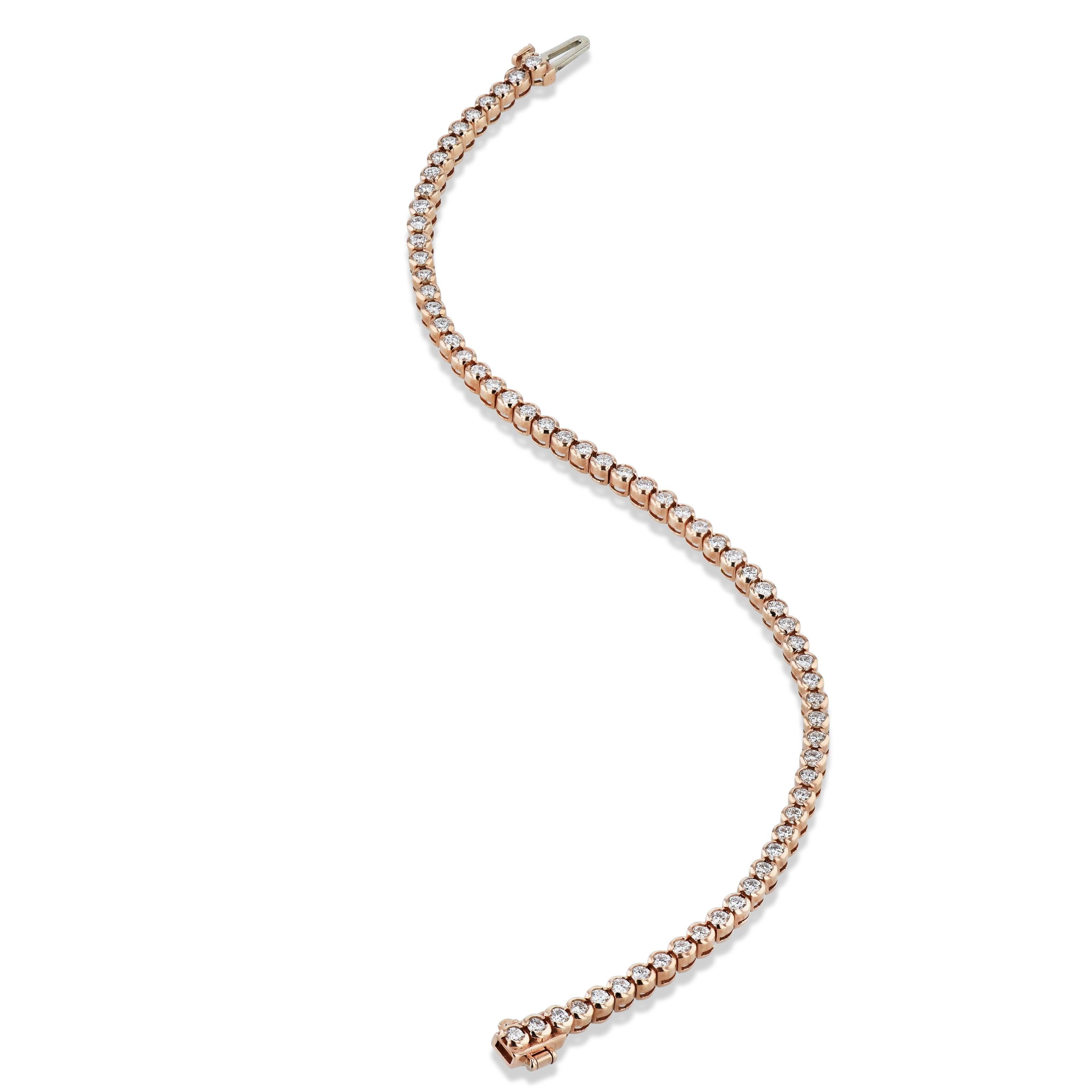 Glimmer and shine on your wrist with this dazzling 14kt. Rose Gold Semi-Bezel set Diamond Tennis Bracelet from H&H Collection! Boasting 2.10ct of  diamonds, this handmade piece will leave you breathless.
Diamond Pink Gold Tennis Bracelet
14kt. Pink