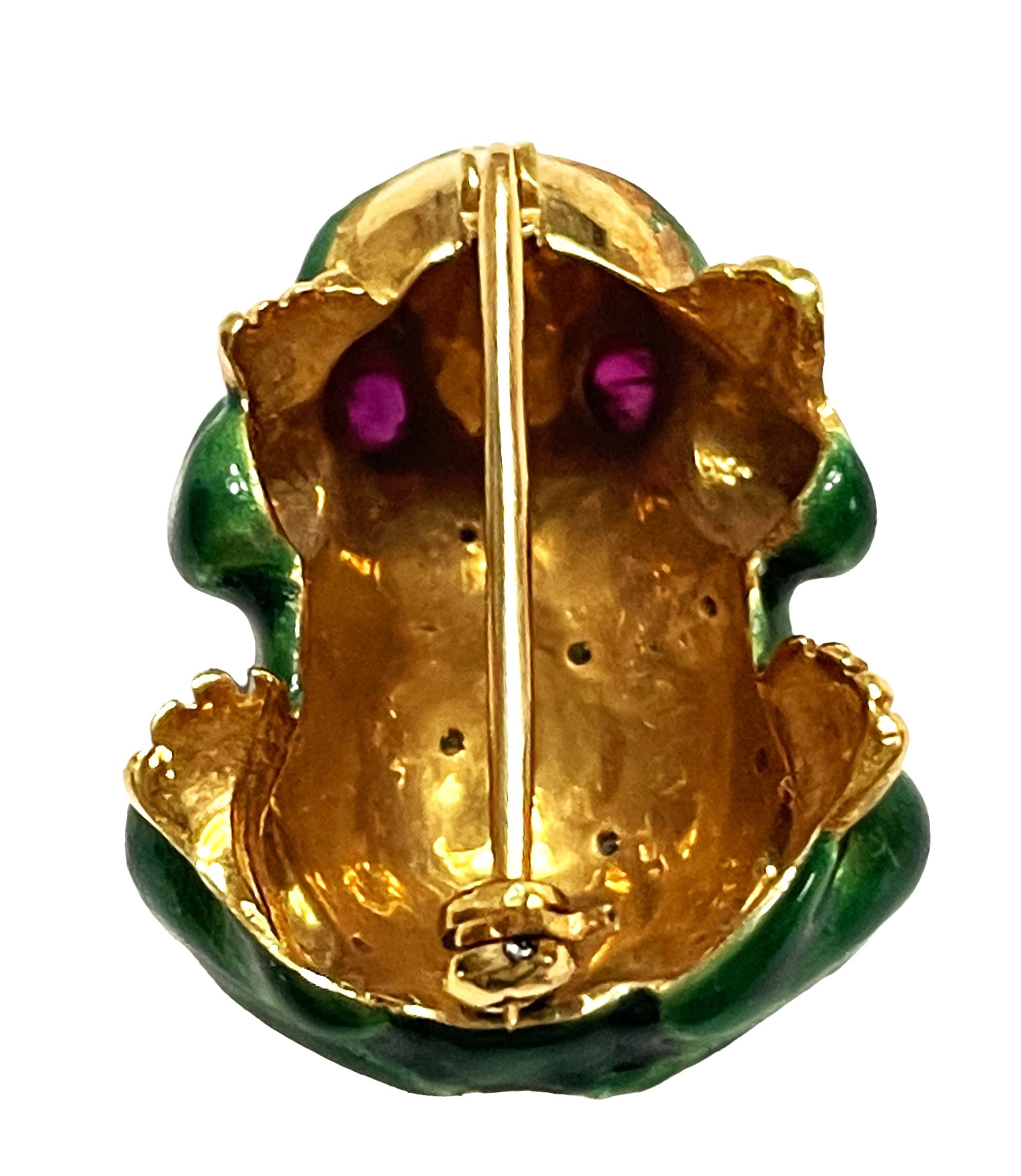 Handmade 21k Yellow Gold Enamel Frog Pin/Pedant with Ruby Eyes and Diamond Bumps 4