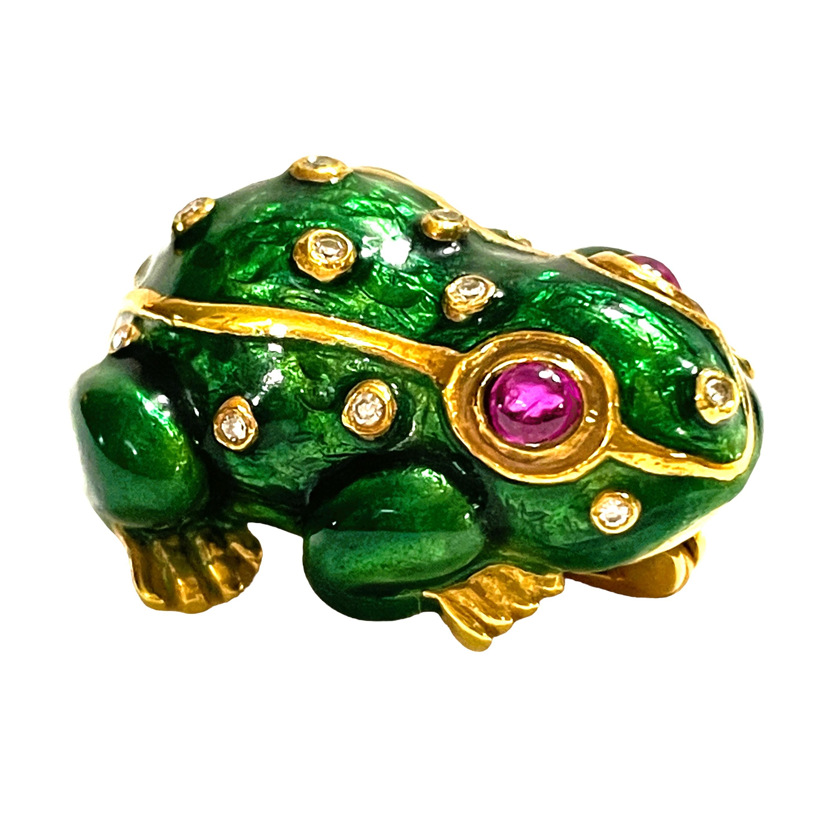 Art Deco Handmade 21k Yellow Gold Enamel Frog Pin/Pedant with Ruby Eyes and Diamond Bumps