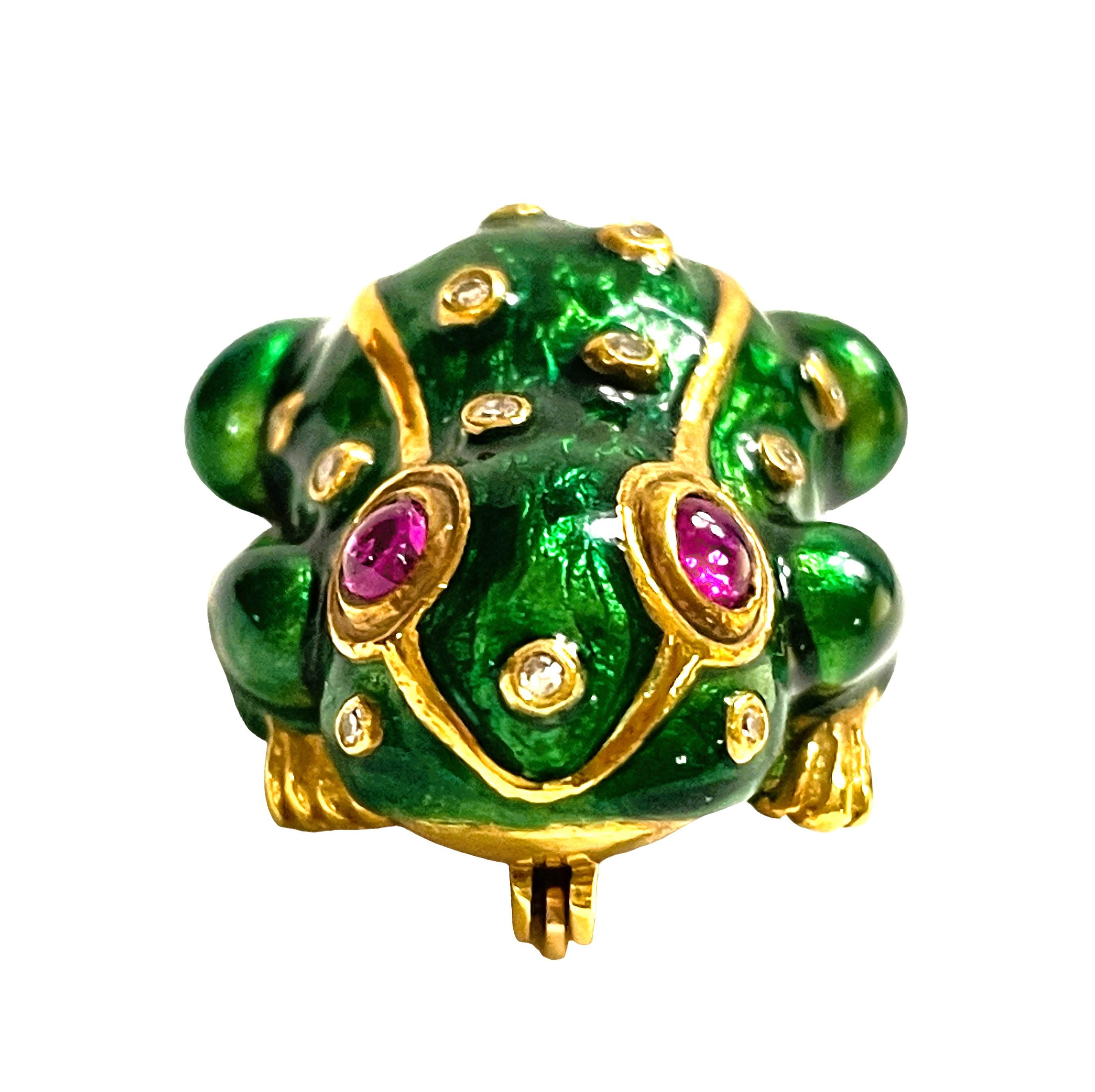 Round Cut Handmade 21k Yellow Gold Enamel Frog Pin/Pedant with Ruby Eyes and Diamond Bumps