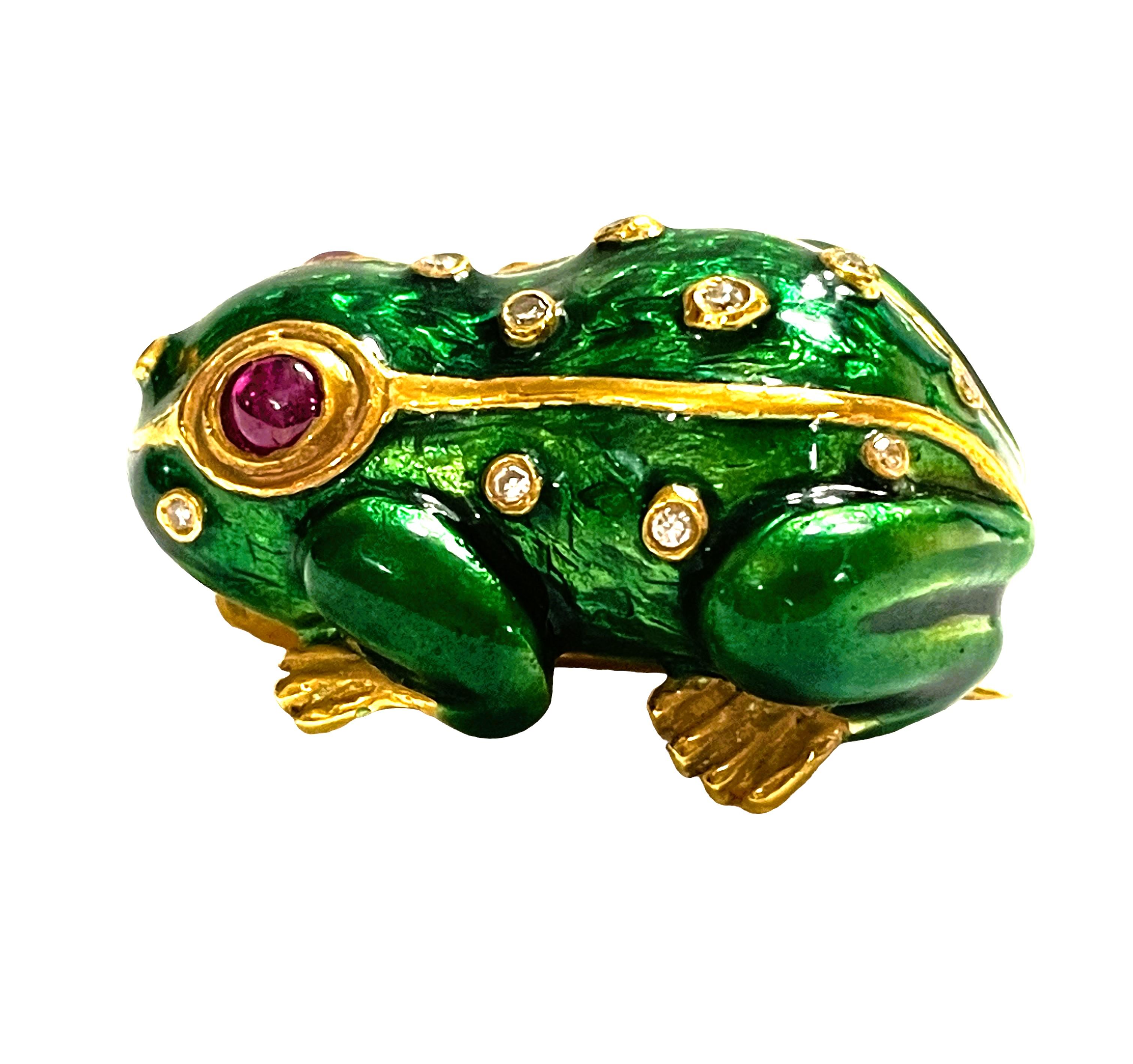 Handmade 21k Yellow Gold Enamel Frog Pin/Pedant with Ruby Eyes and Diamond Bumps In Excellent Condition In Eagan, MN