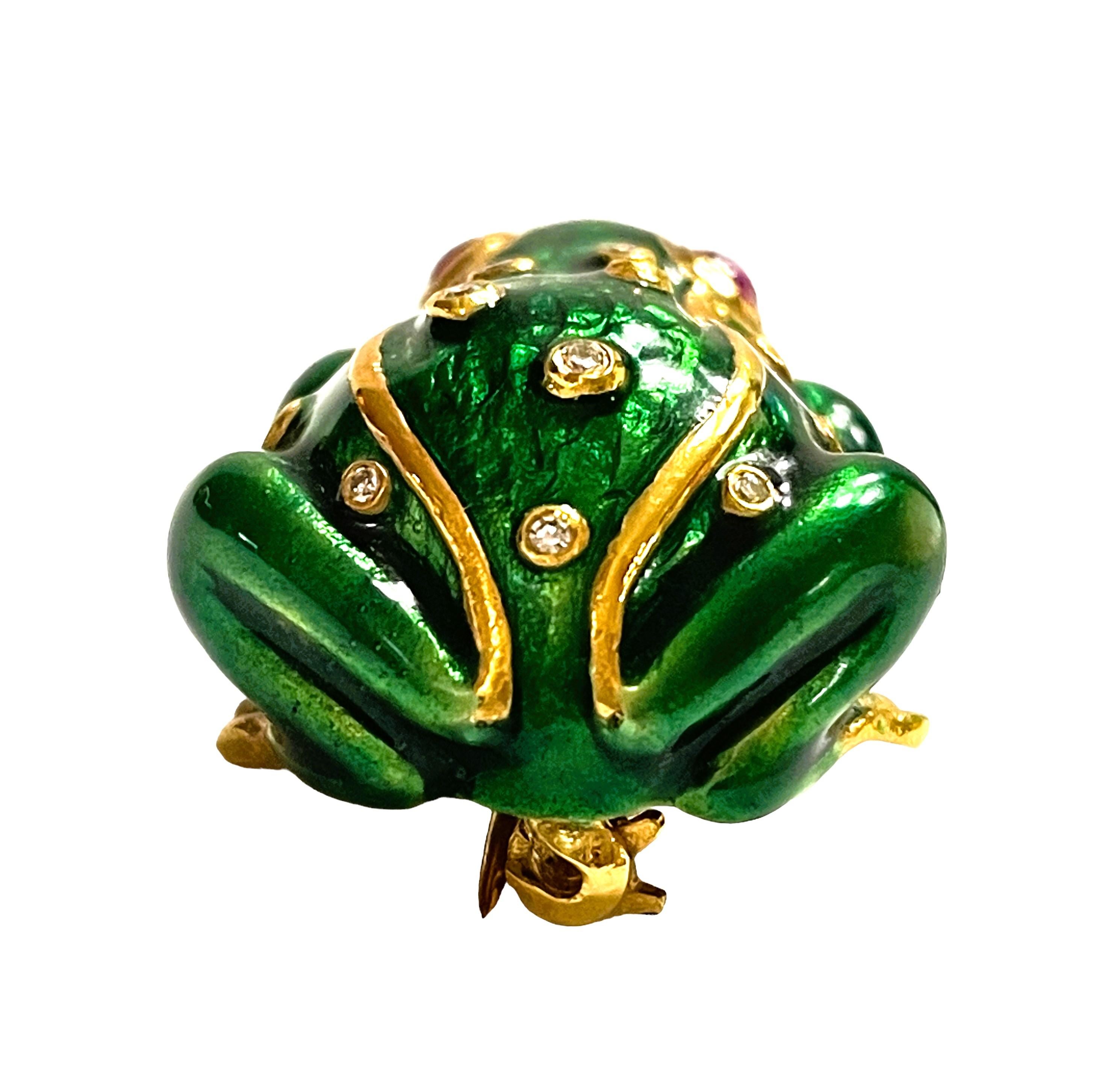 Women's Handmade 21k Yellow Gold Enamel Frog Pin/Pedant with Ruby Eyes and Diamond Bumps
