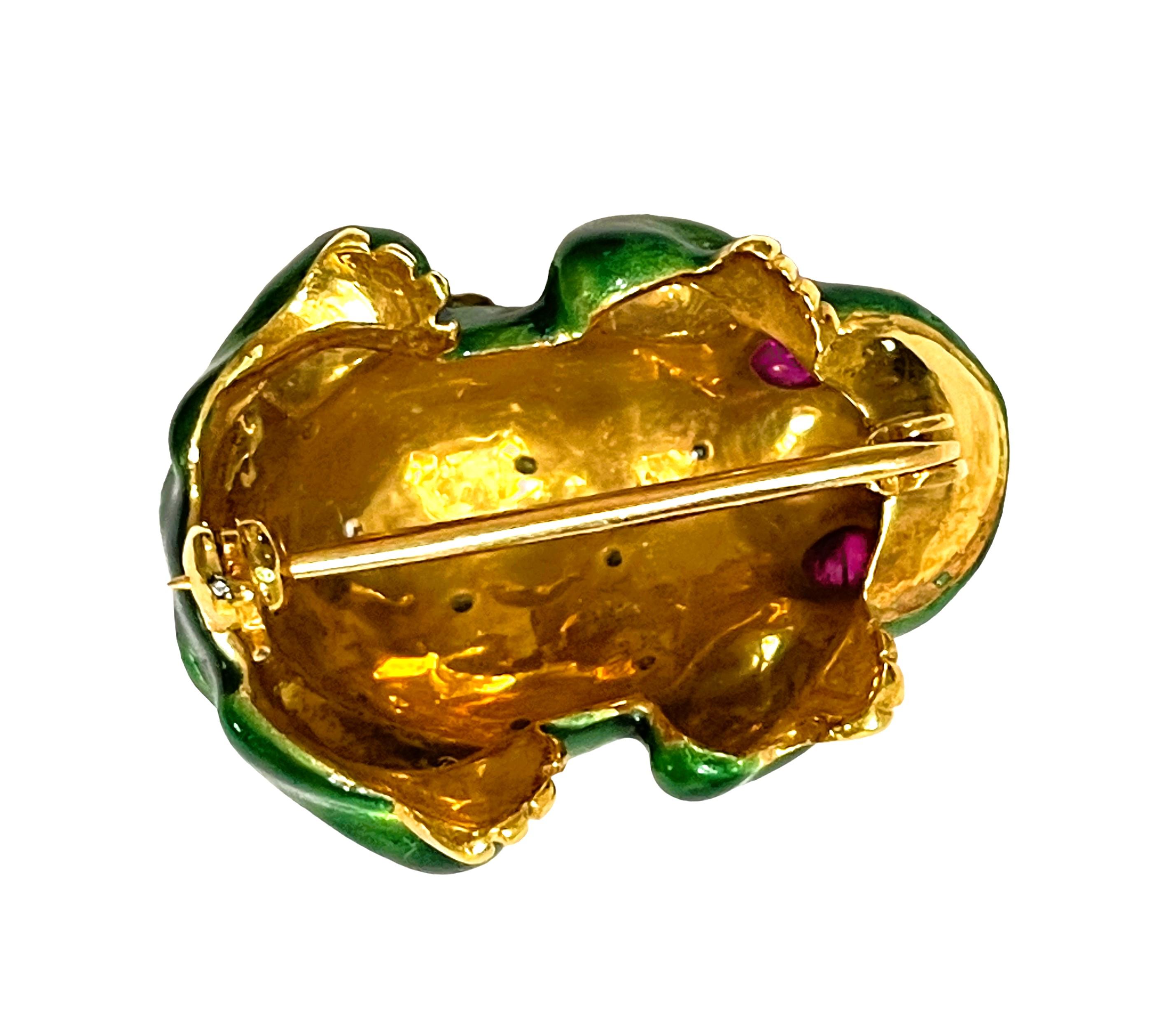 Handmade 21k Yellow Gold Enamel Frog Pin/Pedant with Ruby Eyes and Diamond Bumps 1