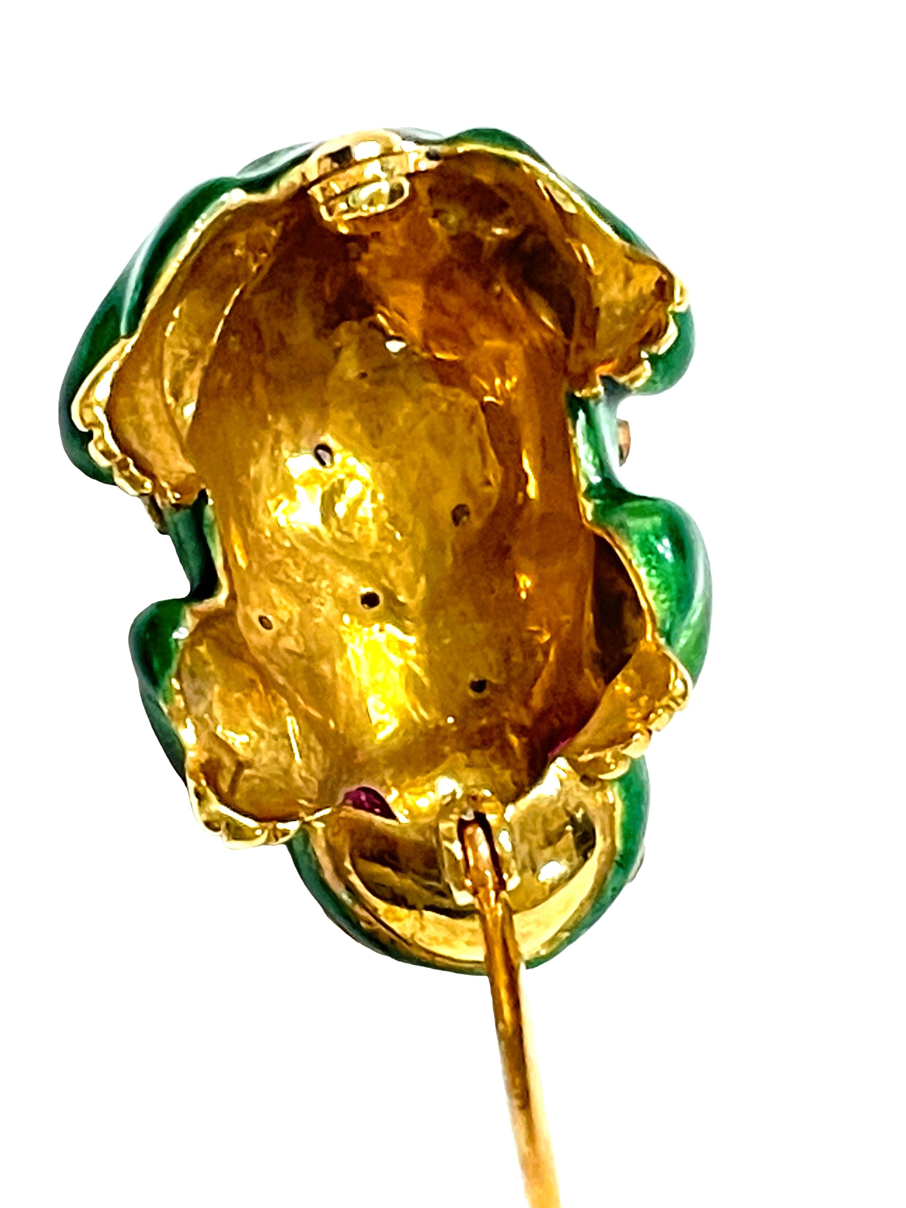 Handmade 21k Yellow Gold Enamel Frog Pin/Pedant with Ruby Eyes and Diamond Bumps 2