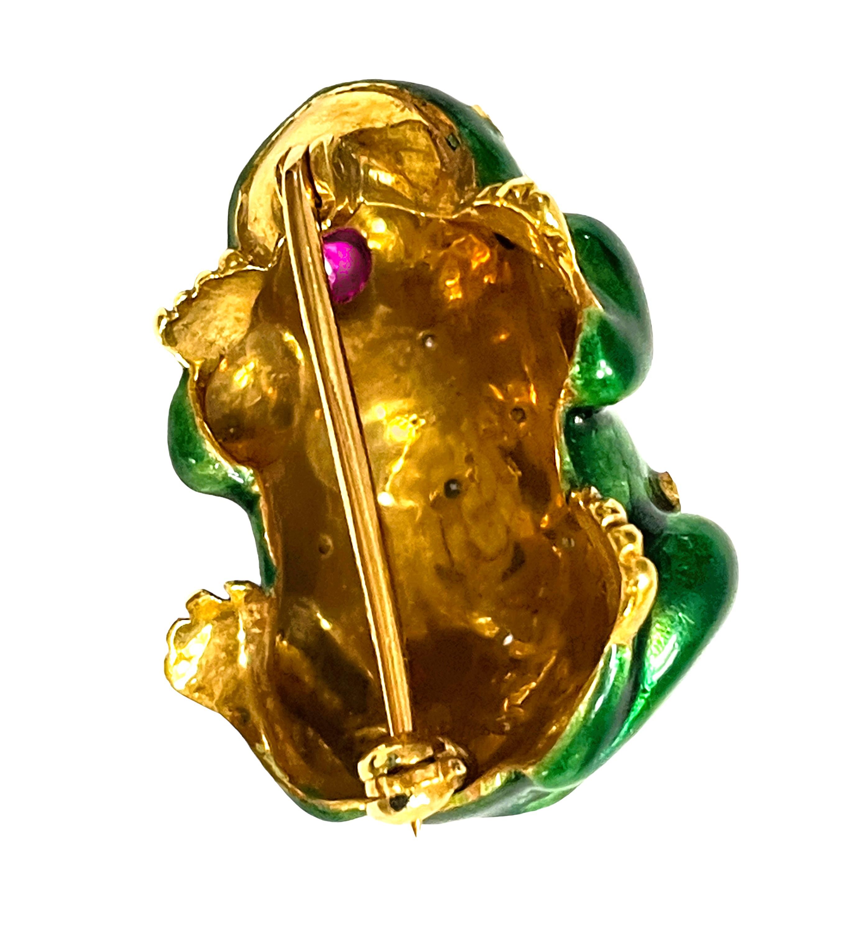 Handmade 21k Yellow Gold Enamel Frog Pin/Pedant with Ruby Eyes and Diamond Bumps 3