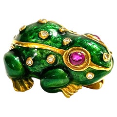 Handmade 21k Yellow Gold Enamel Frog Pin/Pedant with Ruby Eyes and Diamond Bumps