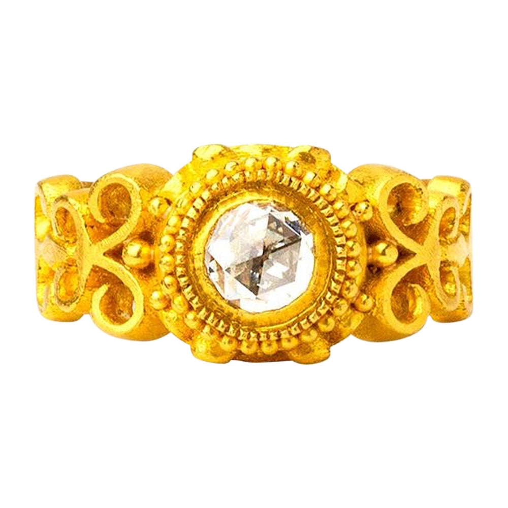Im Angebot: Handgefertigter Ring aus 24 Karat Gold im byzantinischen Stil mit Diamant im Rosenschliff ()