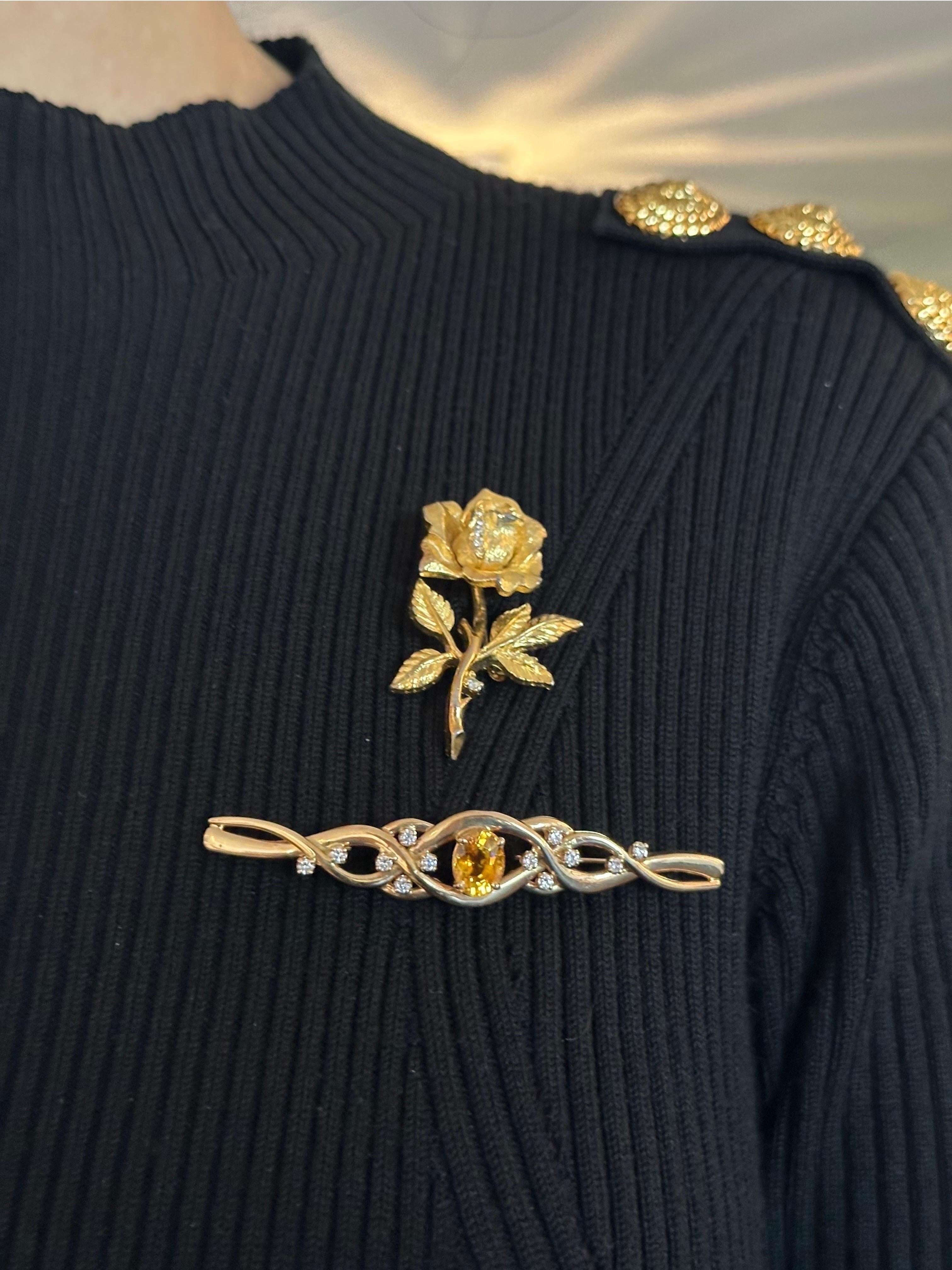19th Century One of Kind Handmade 14k Yellow Gold Brooch with Yellow Topaz and Natural Round Diamond 

Gold Purity: 14K
Gold Color: Yellow Gold 
Gold Weight: 13.33g
Topaz Weight: Approx. 2.5ct
Measurements: 9.74x7.28 mm

Diamond Clarity: VVS
Total