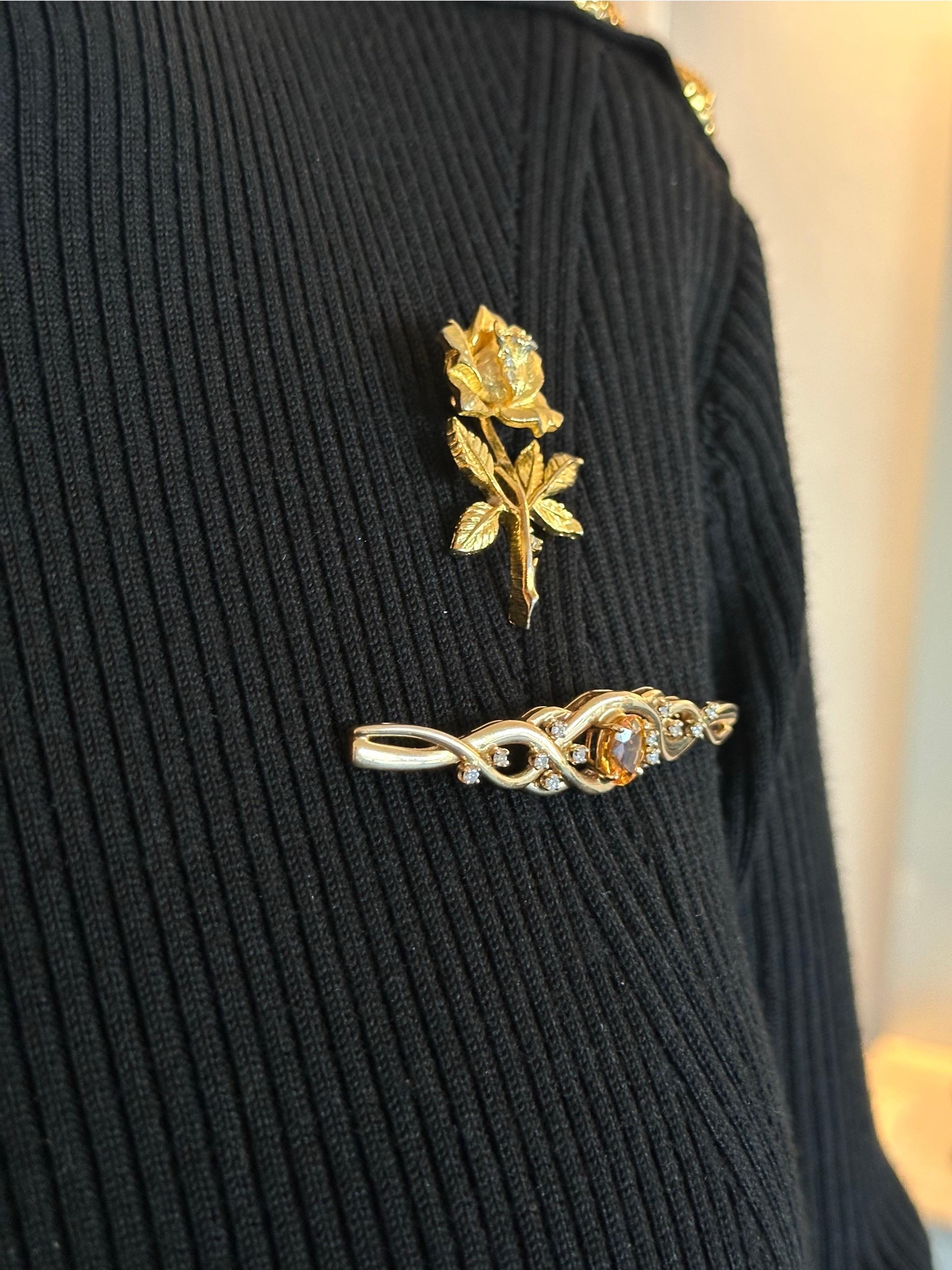 Round Cut Handmade 2.5ct Yellow Topaz and 0.40ct Natural Diamond 14k Yellow Gold Brooch For Sale