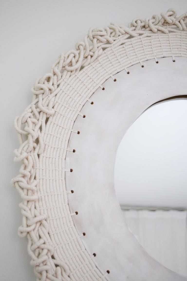 Handmade Round Mirror #773, Woven White Cotton and White Glazed Ceramic ...