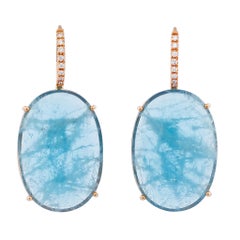 Handmade 30.42 Carats Aquamarine Cabochon Rose Gold Diamond Pave Drop Earrings