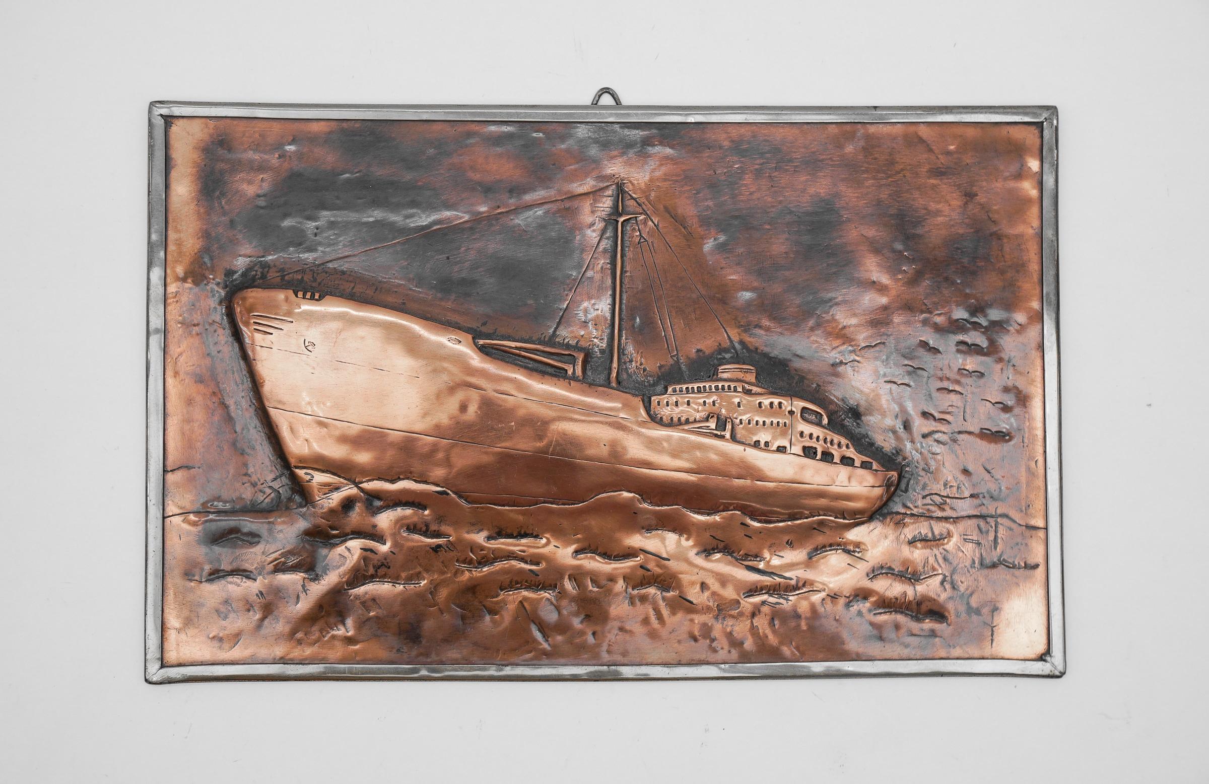 Handmade 3D copper and brass relief mural of a ship, 1950s For Sale 3