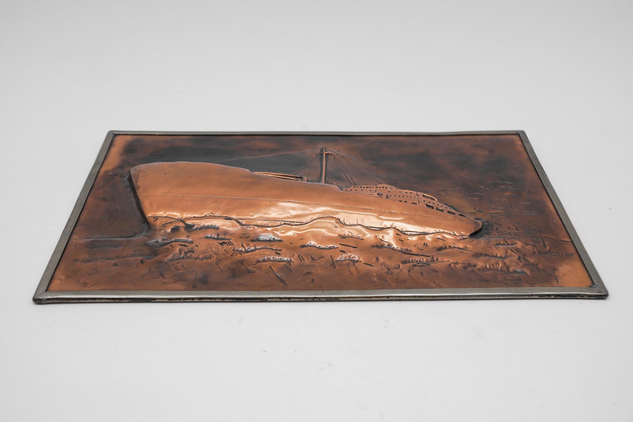 Mid-Century Modern Handmade 3D copper and brass relief mural of a ship, 1950s For Sale