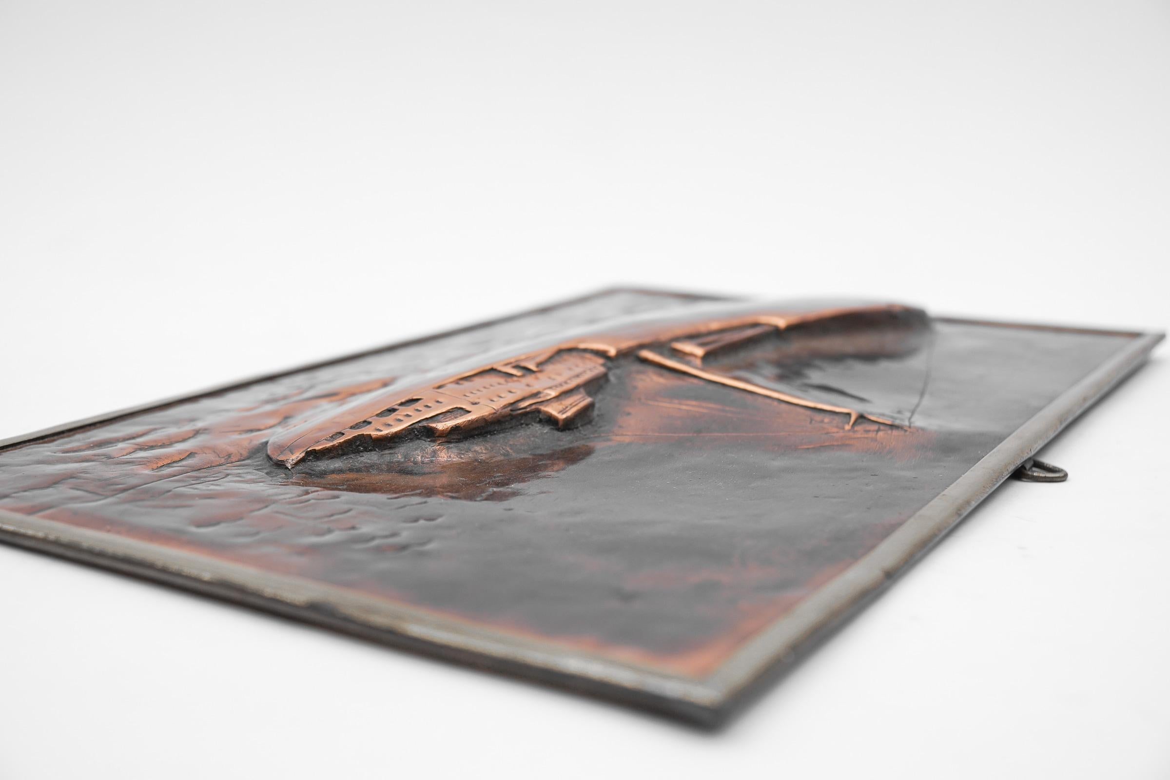 Mid-20th Century Handmade 3D copper and brass relief mural of a ship, 1950s For Sale