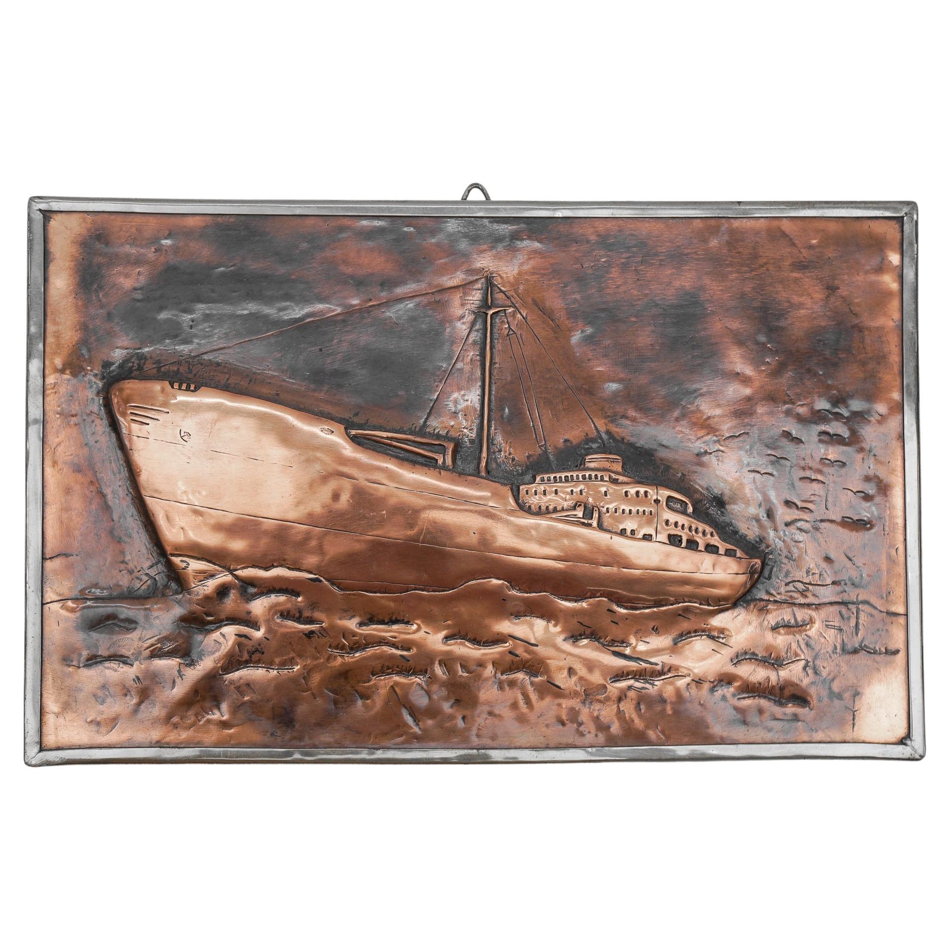 Handmade 3D copper and brass relief mural of a ship, 1950s For Sale
