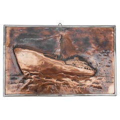 Handmade 3D copper and brass relief mural of a ship, 1950s