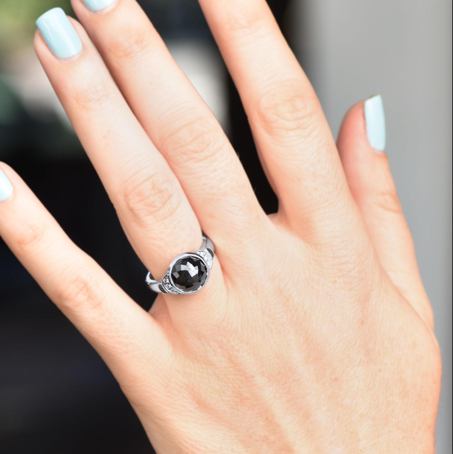 Handmade 4 Carat Black Diamond Bezel Set Rose Cut Ring  In New Condition For Sale In Miami, FL