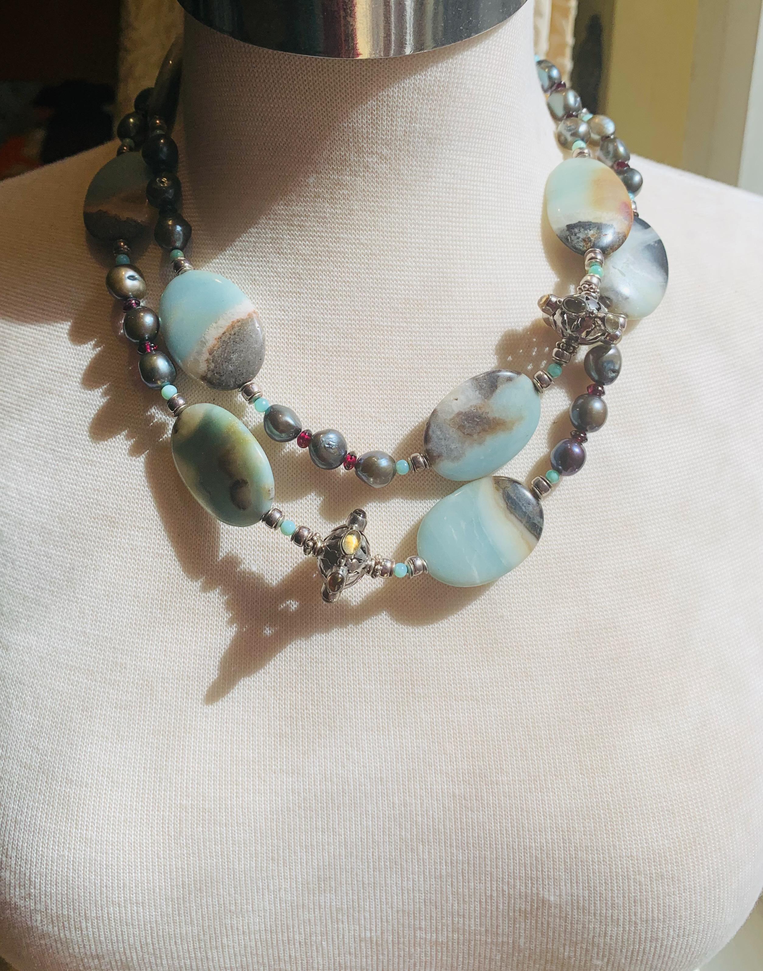 Handgefertigte 40" Amazonit Tahiti-Perle Peruanischer Opal Granat Sterling Halskette  im Angebot