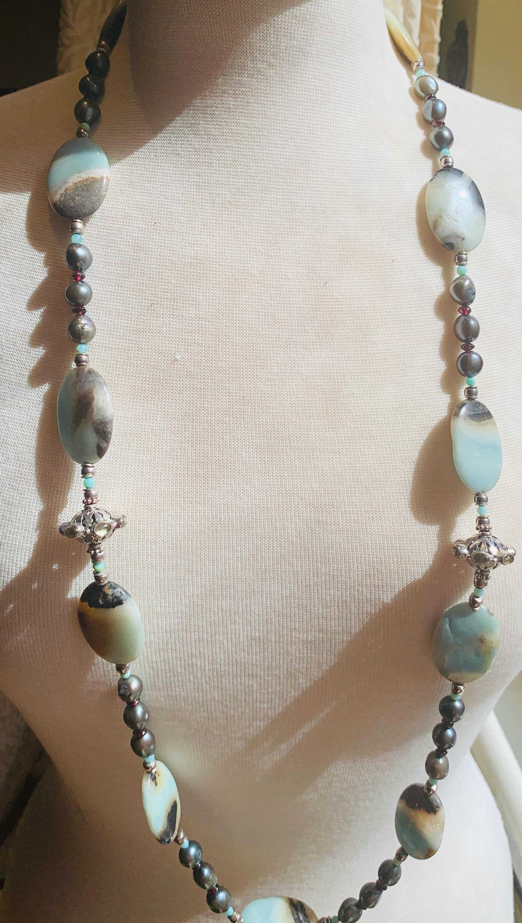 One of Kind handmade 40 inch long Fine Gemstone Amazonite, and Garnet rondelles, and  Natural Peruvian Opal and  Baroque Lustrous Freshwater Tahitian Pearls with 2 Sterling Focal beads with Natural Citrine, and Sterling rondelles with Sterling