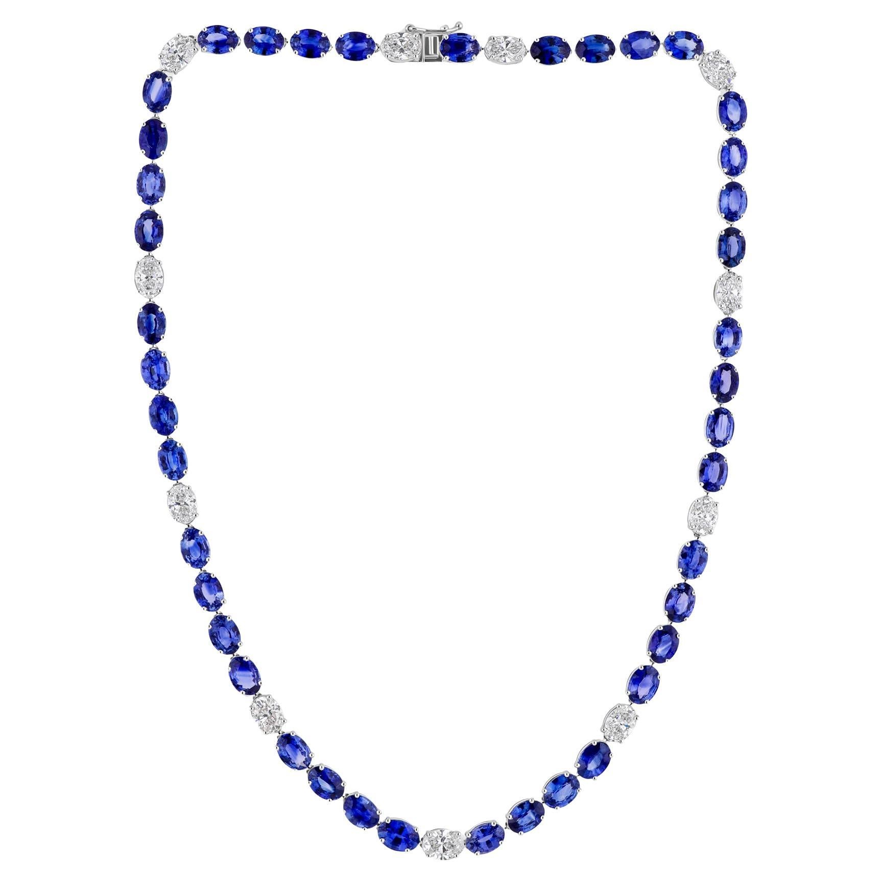 Handmade 42.07 TCW Blue Sapphire and Diamond Tennis Necklace 18K White Gold