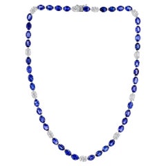 Handmade 42.07 TCW Blue Sapphire and Diamond Tennis Necklace 18K White Gold Handmade 42.07 TCW Blue Sapphire and Diamond Tennis Necklace 18K White Gold