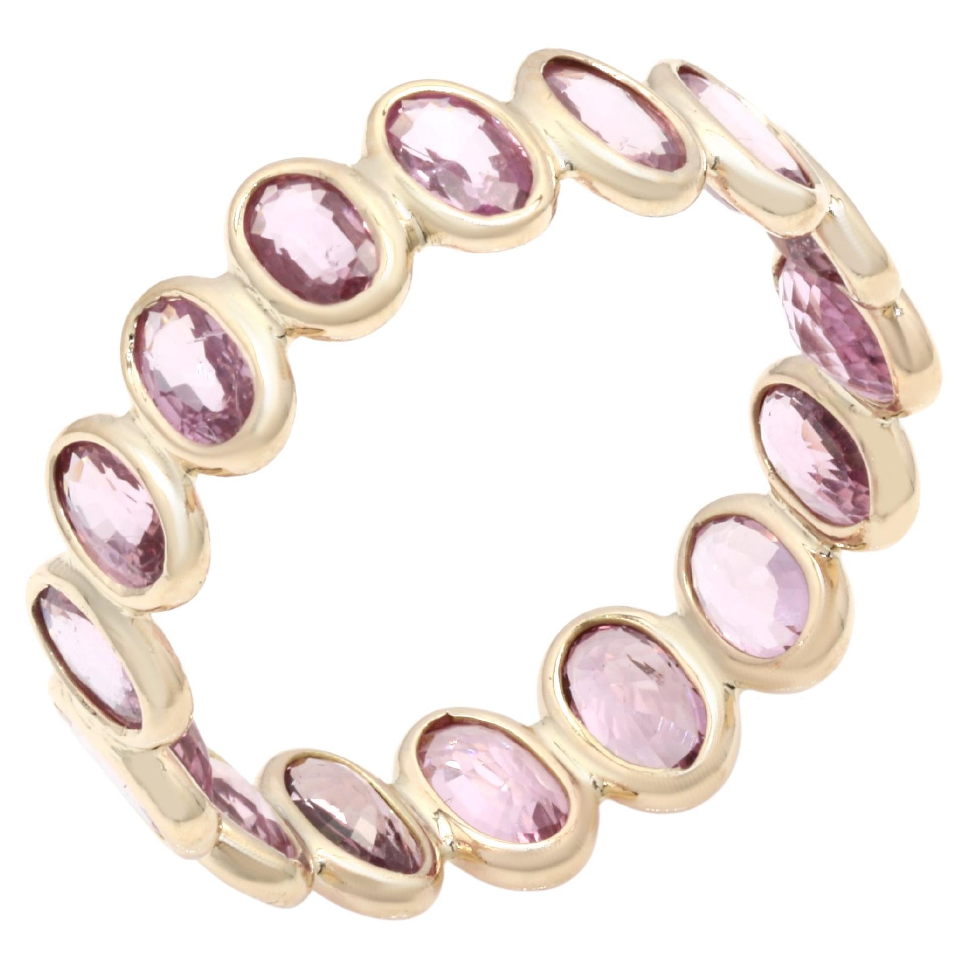 For Sale:  Handmade 4.47 Ct Oval Pink Sapphire Birthstone Eternity Ring in 14K Yellow Gold 2