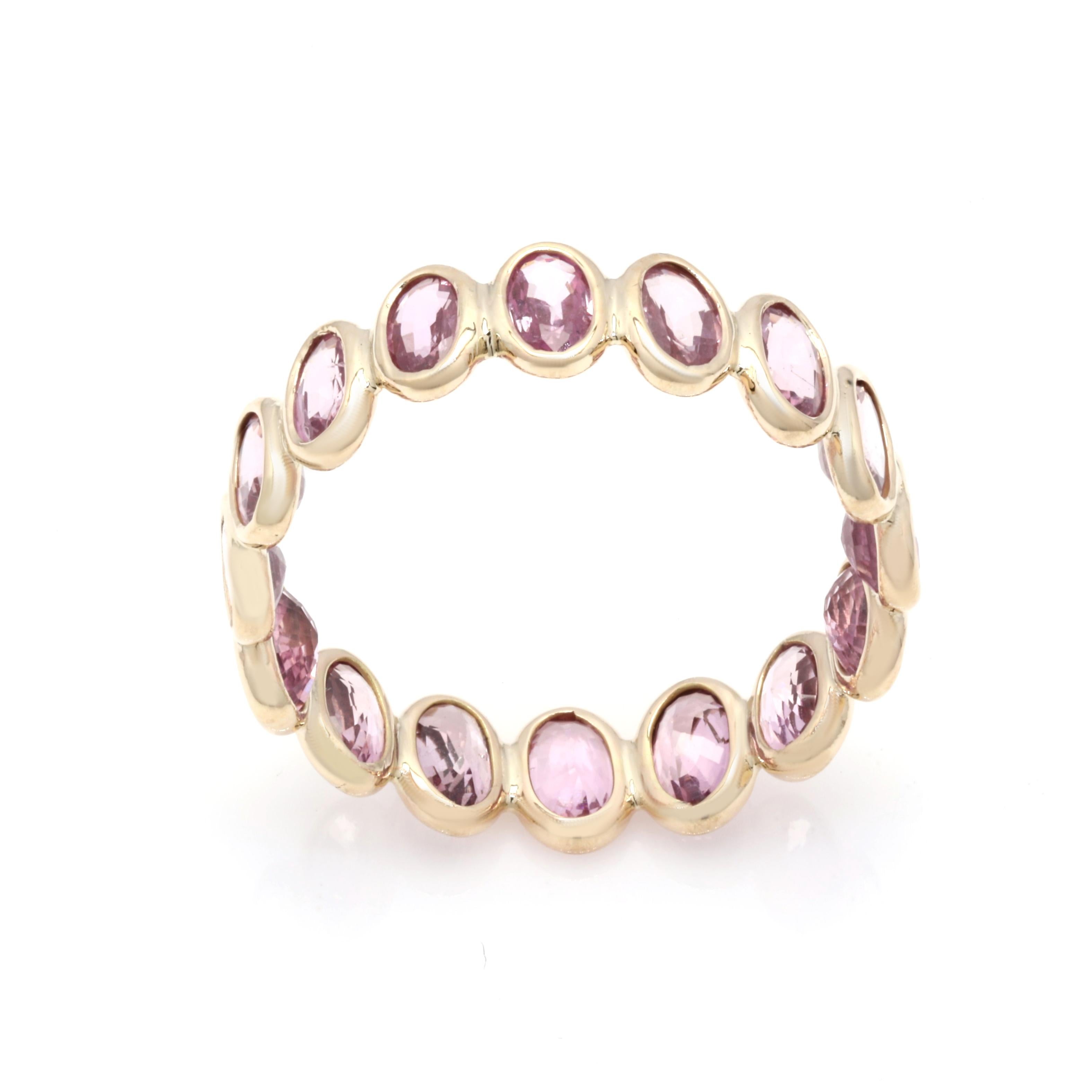 For Sale:  Handmade 4.47 Ct Oval Pink Sapphire Birthstone Eternity Ring in 14K Yellow Gold 3